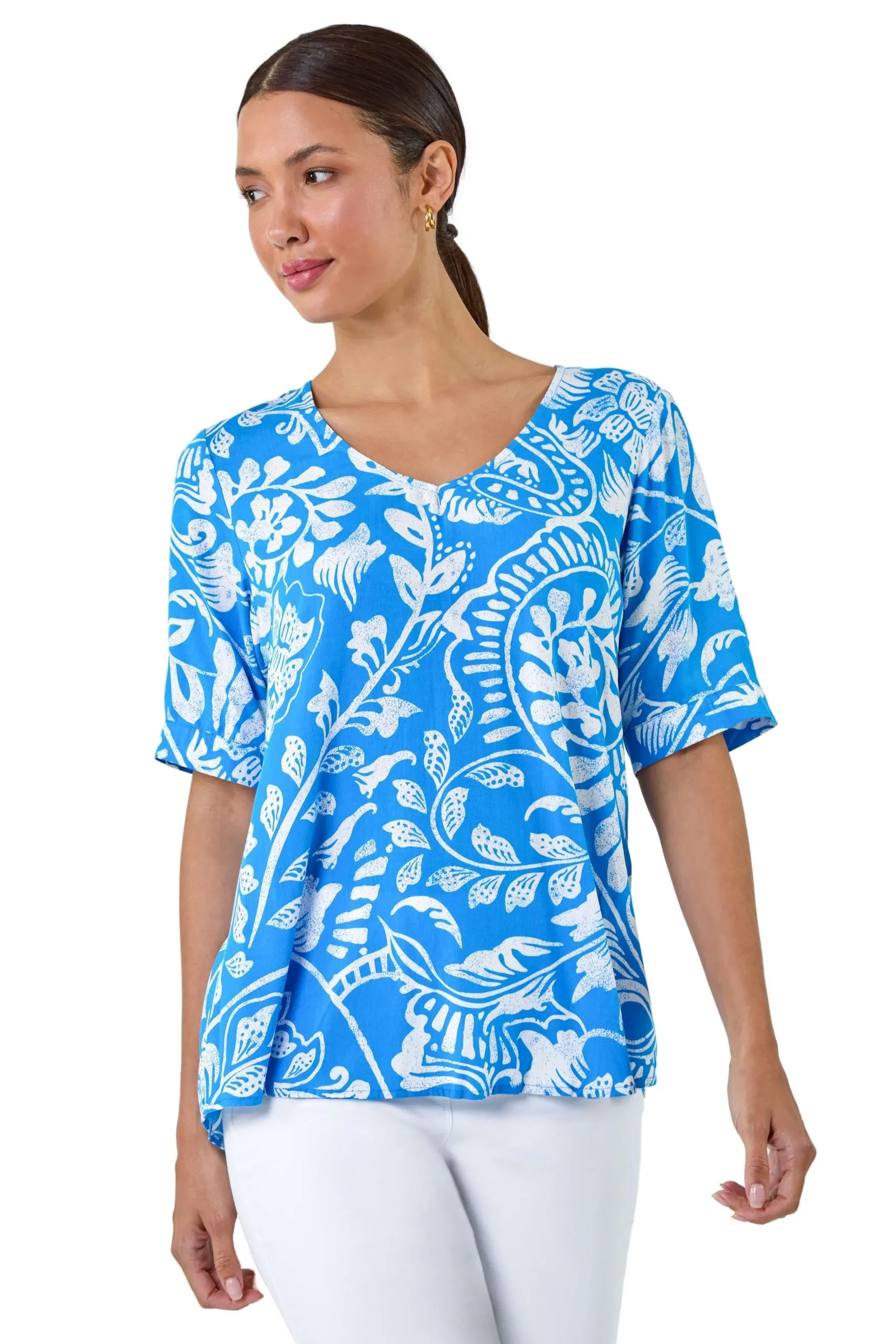 Abstract Leaf Print Button Back Top