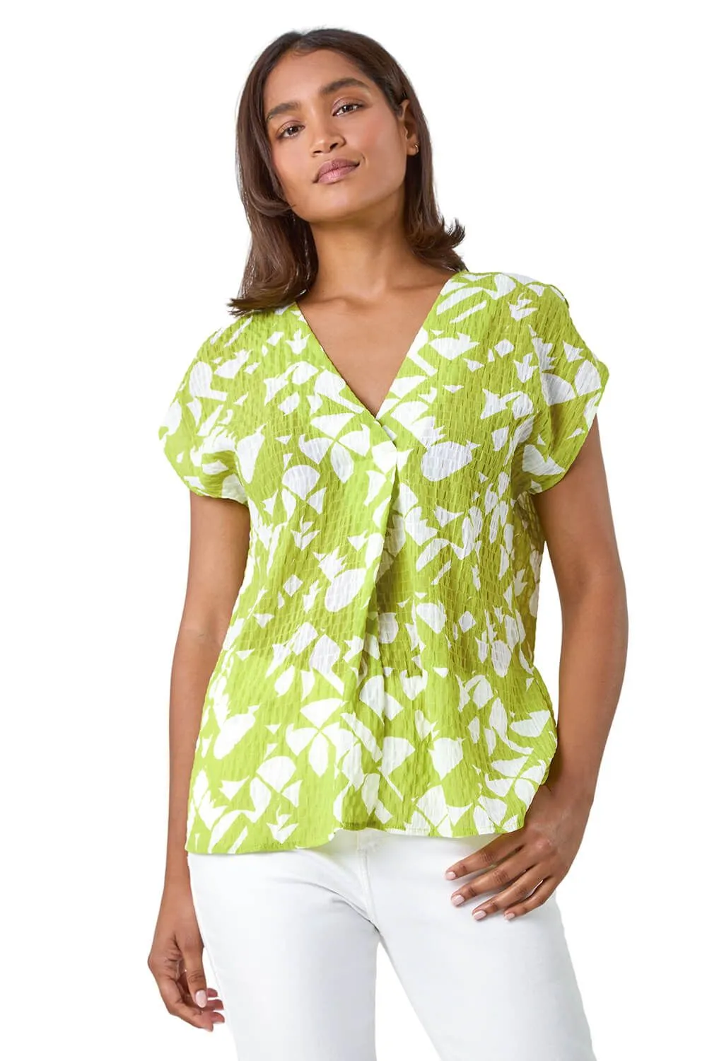 Geometric Crinkle Textured  V-Neck Top