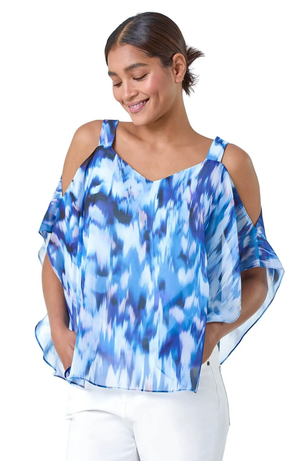 Abstract V-Neck Cold Shoulder Overlay Top