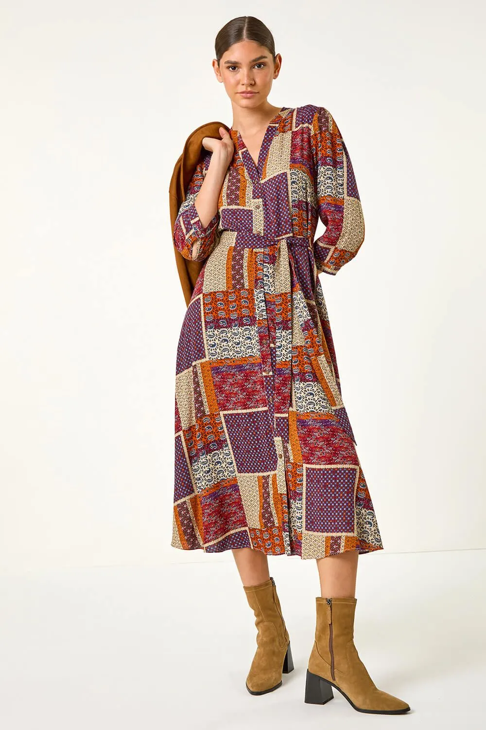 Patchwork Midi Shirt Dress