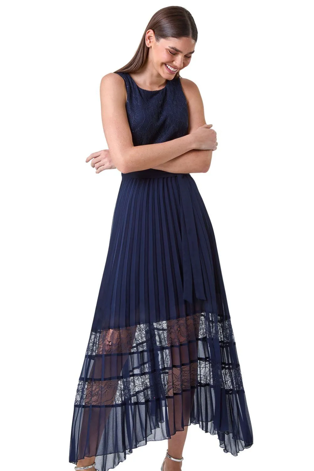 Pleated Lace Detail Midi Dress