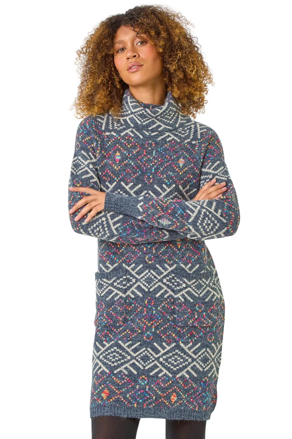 Aztec Roll Neck Knitted Dress