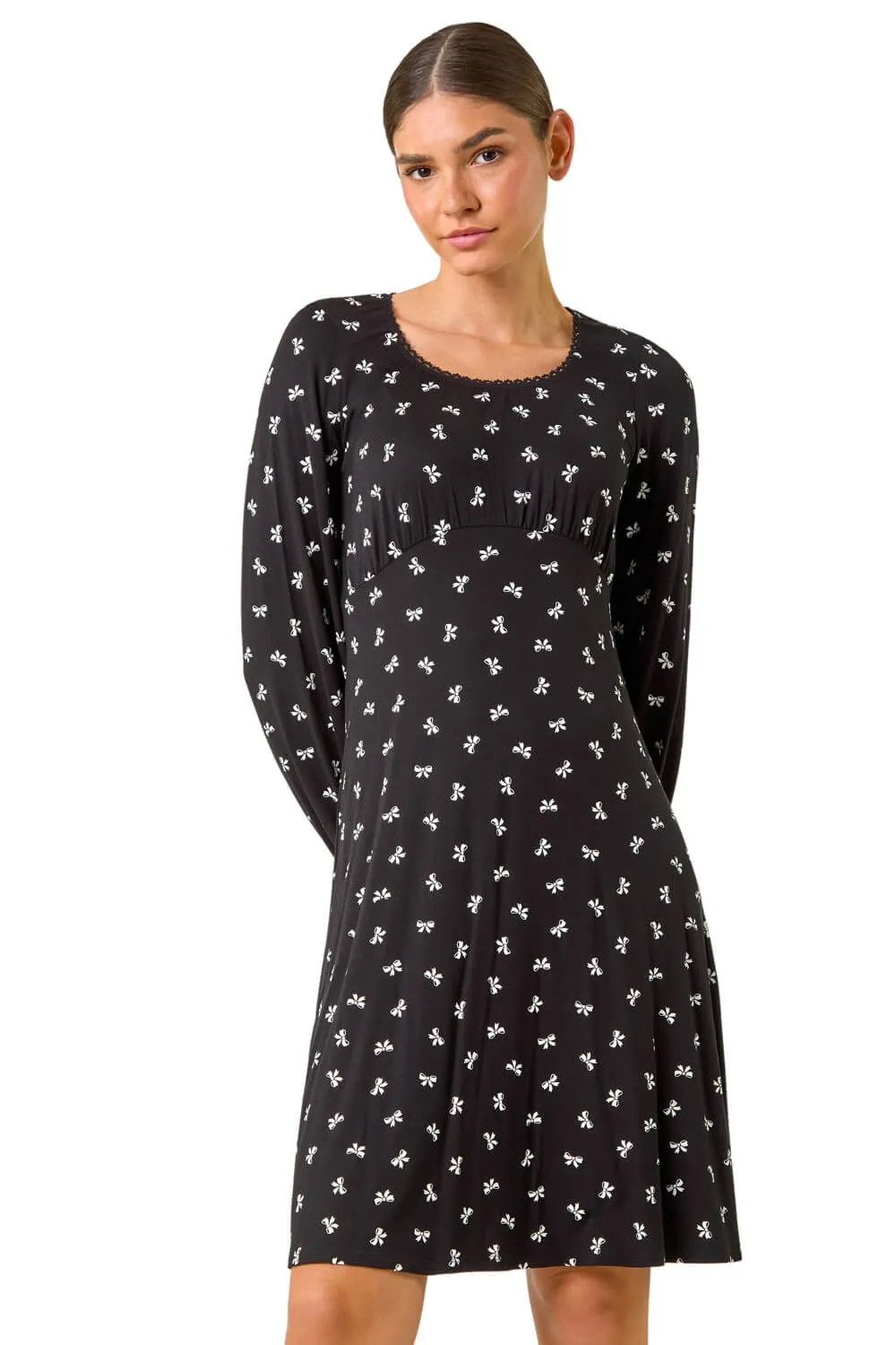 Bow Print Lace Detail Stretch Dress