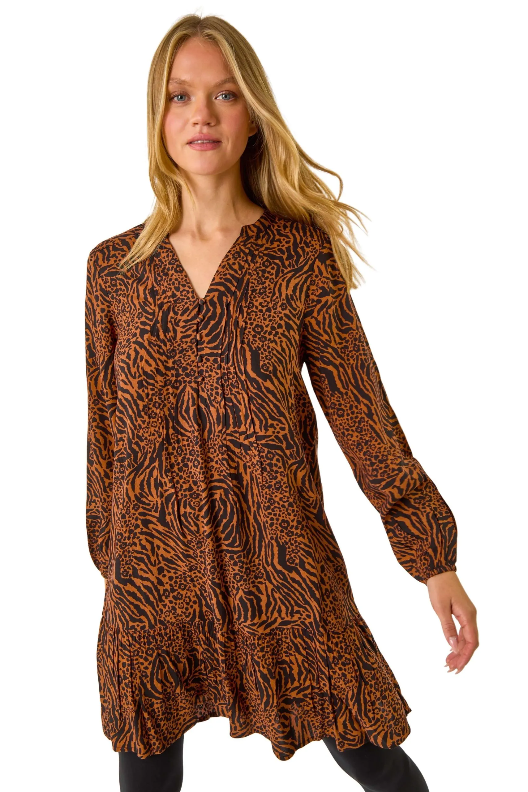 Animal Print Pintuck Smock Dress