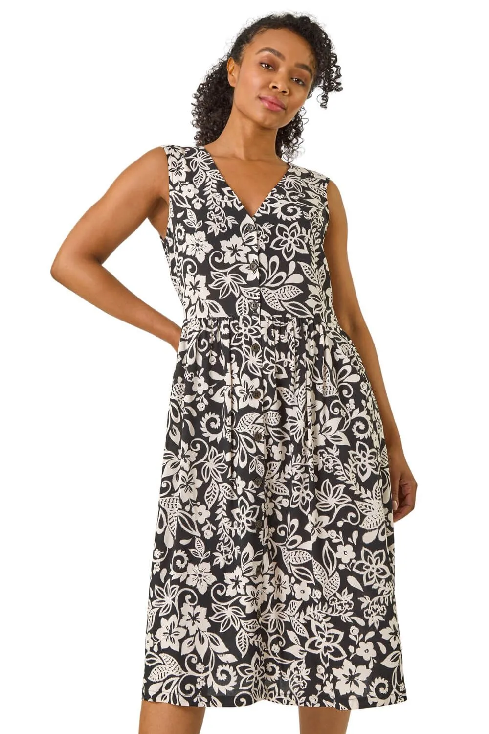 Petite Print Button Through Pocket Dress