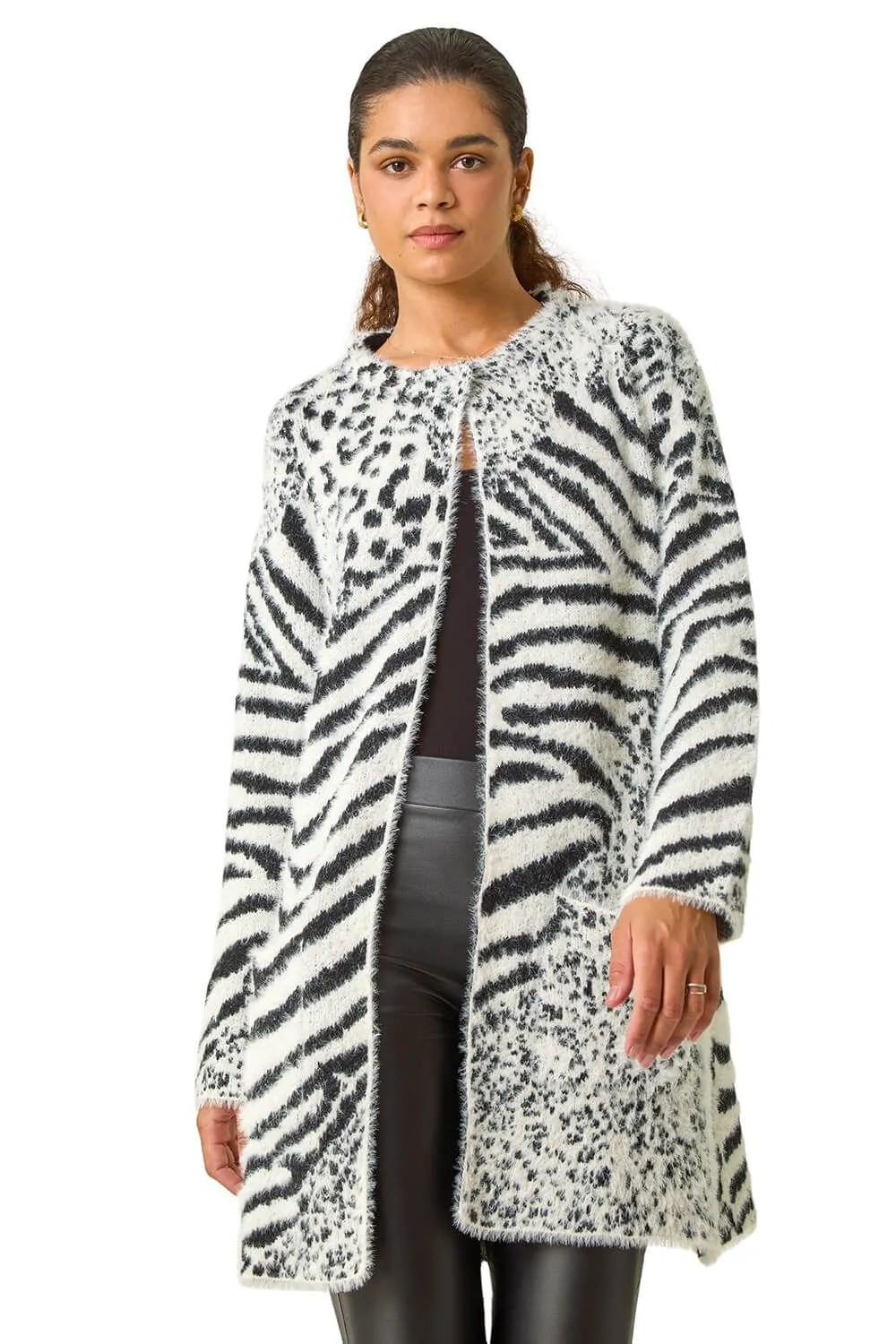 Abstract Animal Print Fluffy Cardigan