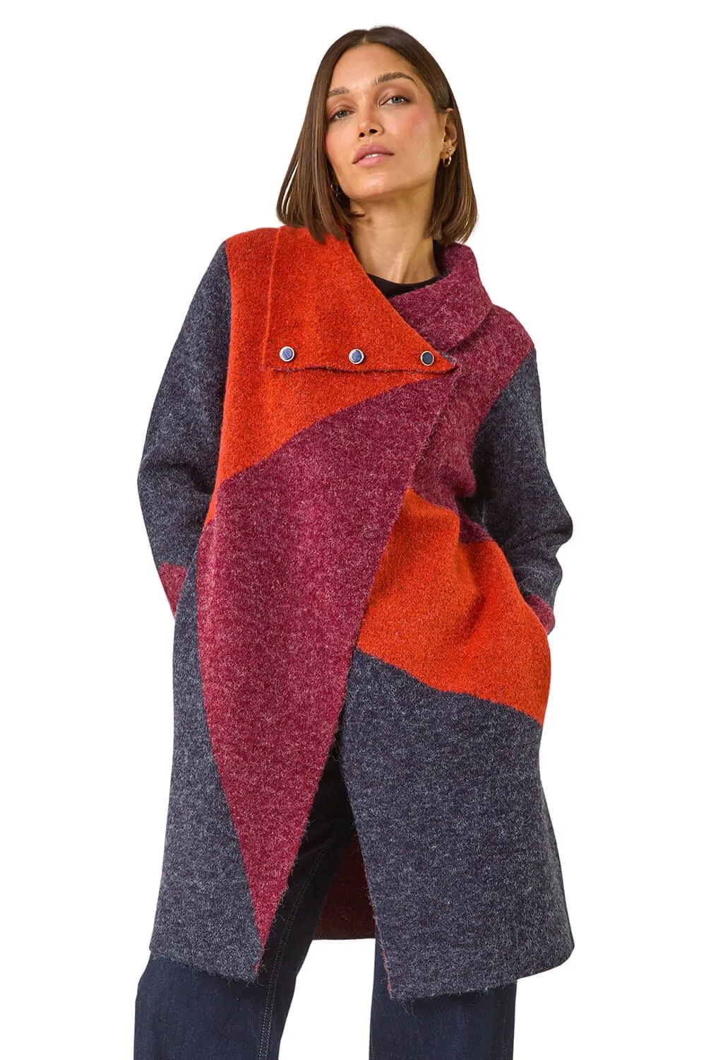 Colour Block Button Collar Knit Cardigan