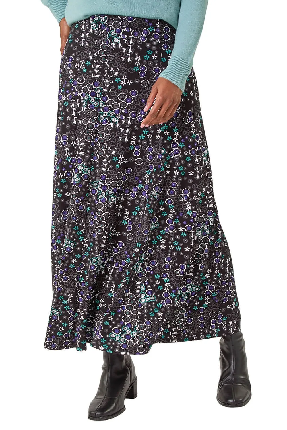 Ditsy Floral Print Stretch Midi Skirt