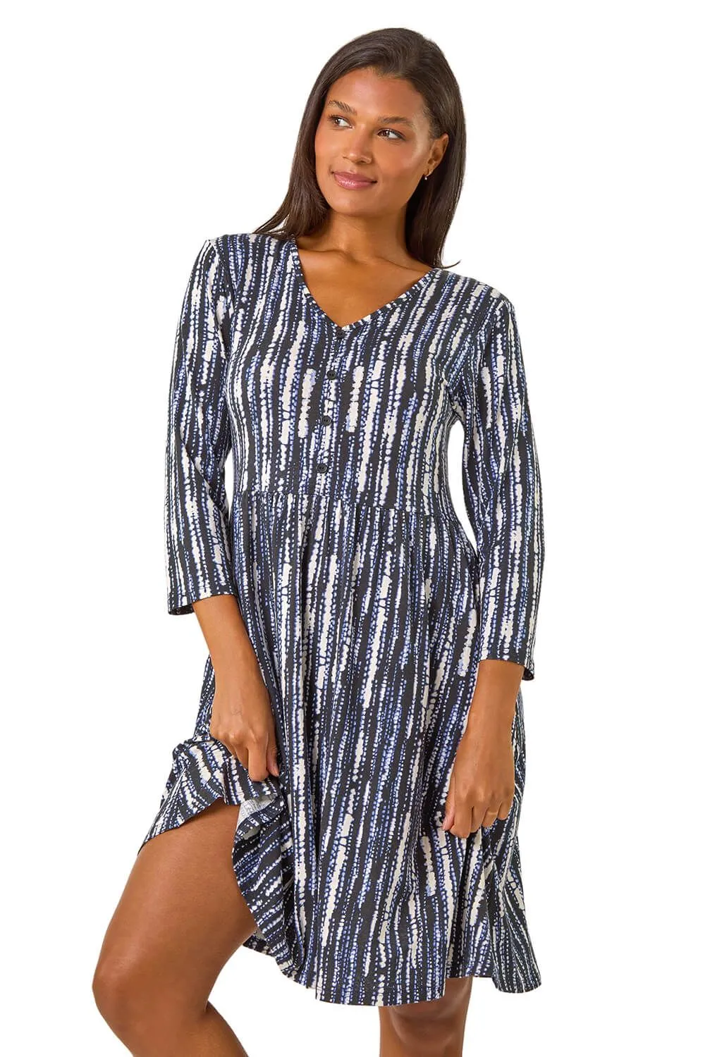 Tie Dye Button Detail V-Neck Dress