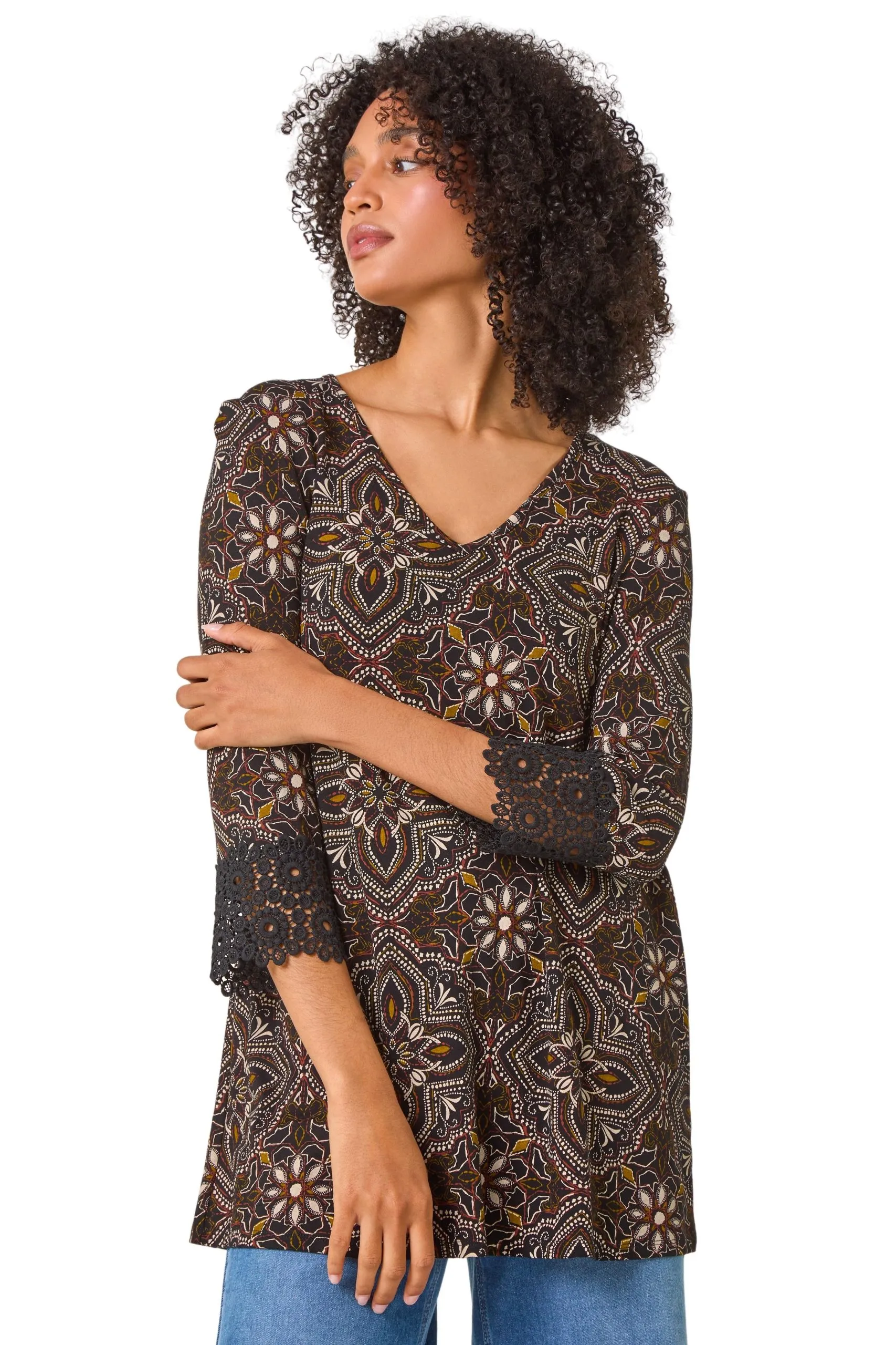 Abstract Print Lace Detail Tunic Top