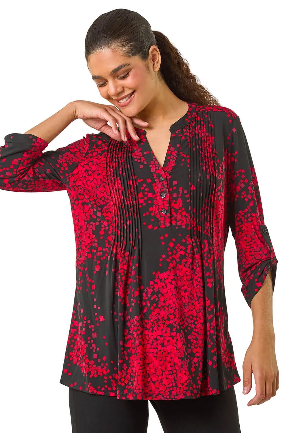 Abstract Print Pintuck Shirt