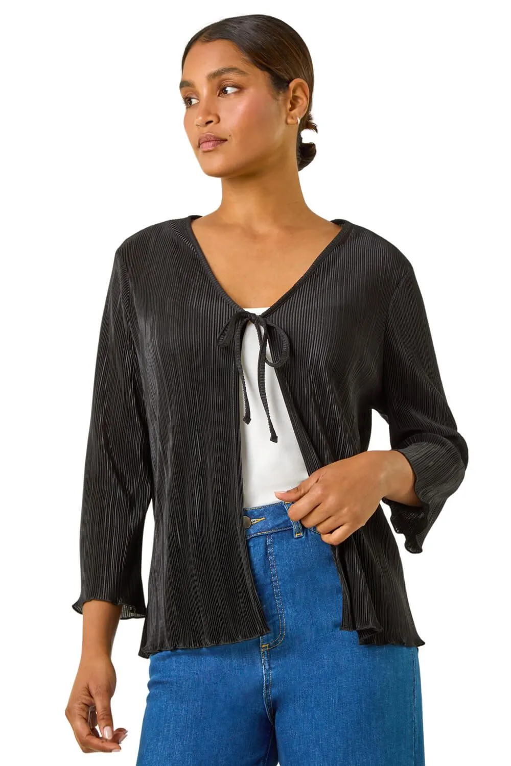 Stretch Tie Detail Plisse Cardigan