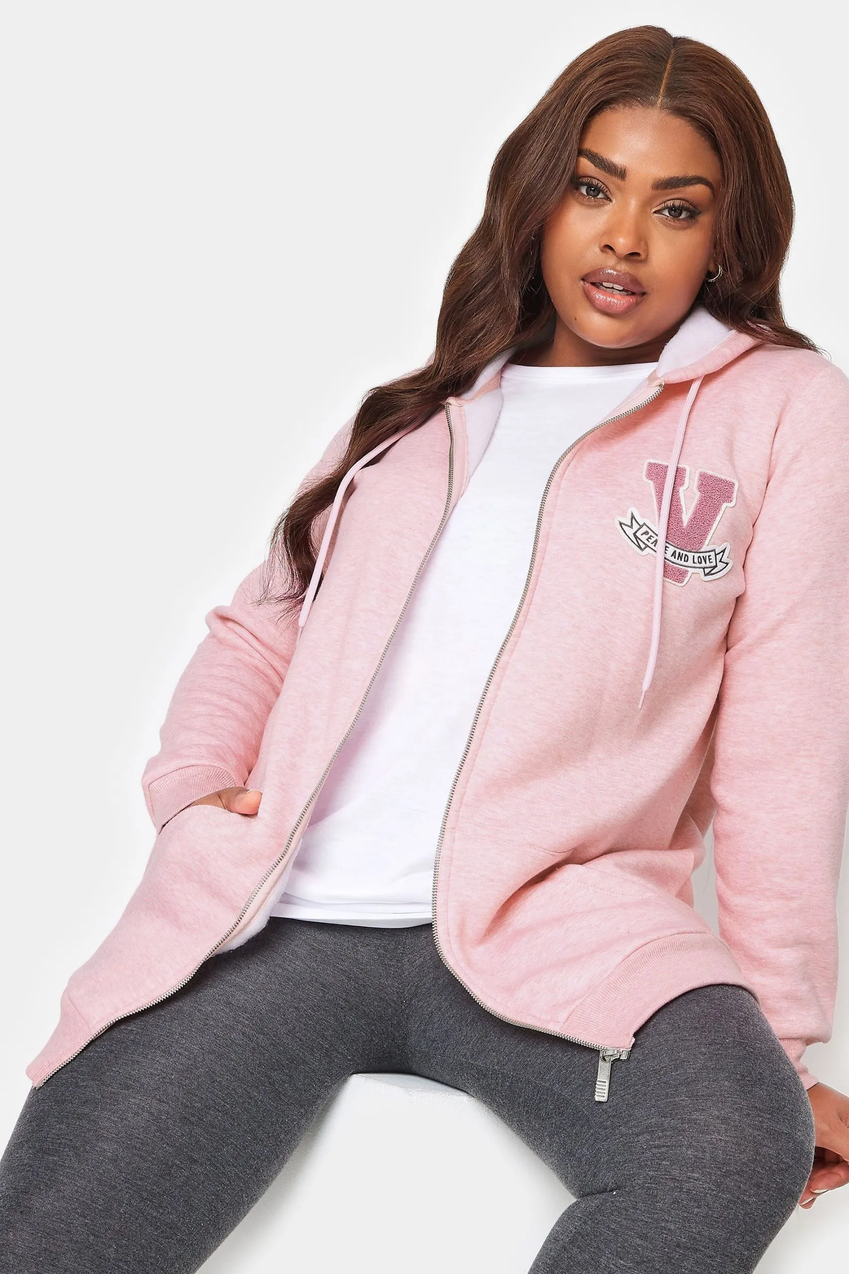 Embroidered Zip Through Marl Hoodie