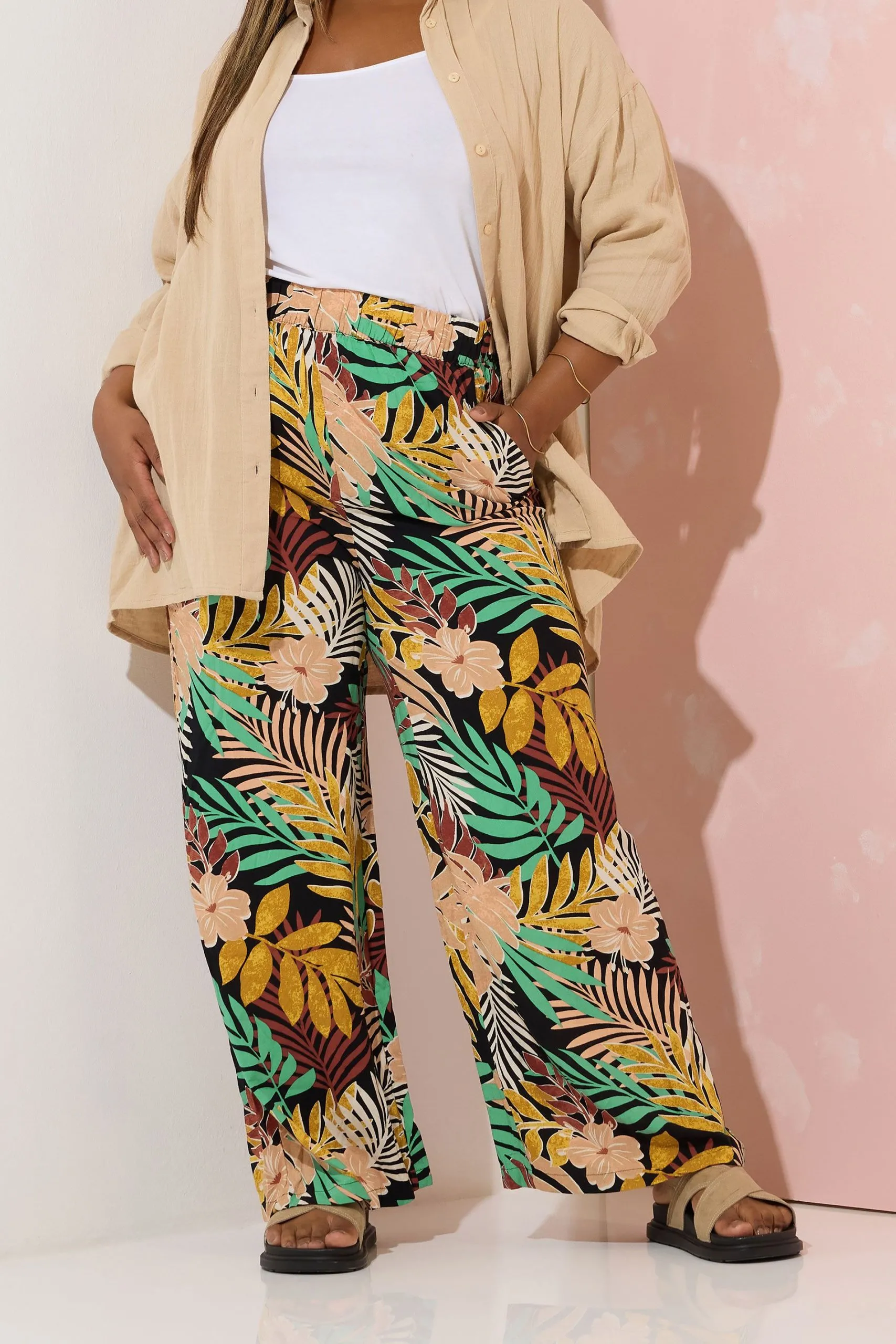 Tropical Print Wide Leg Trousers