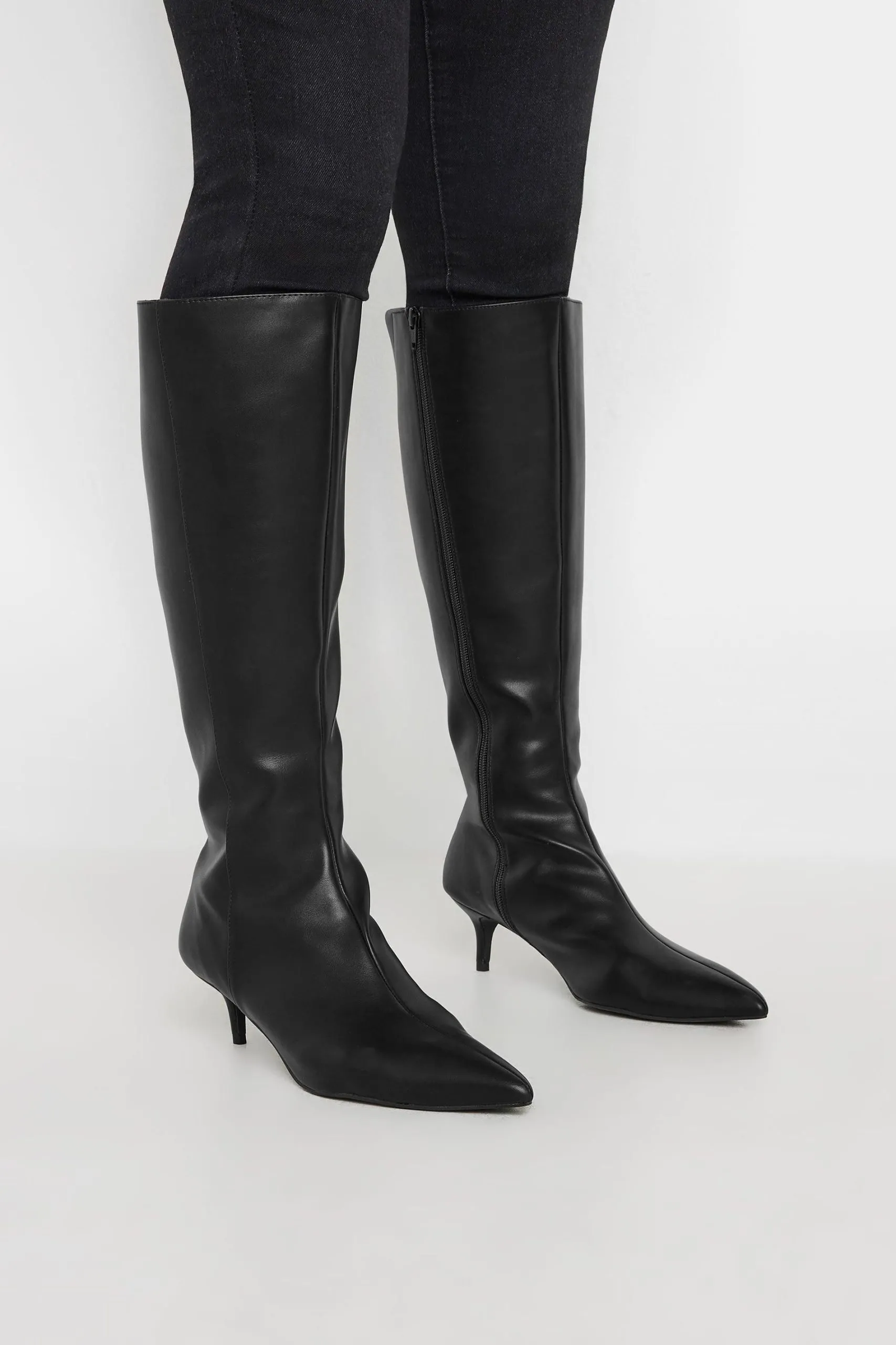 Faux Leather Knee High Heeled Boots