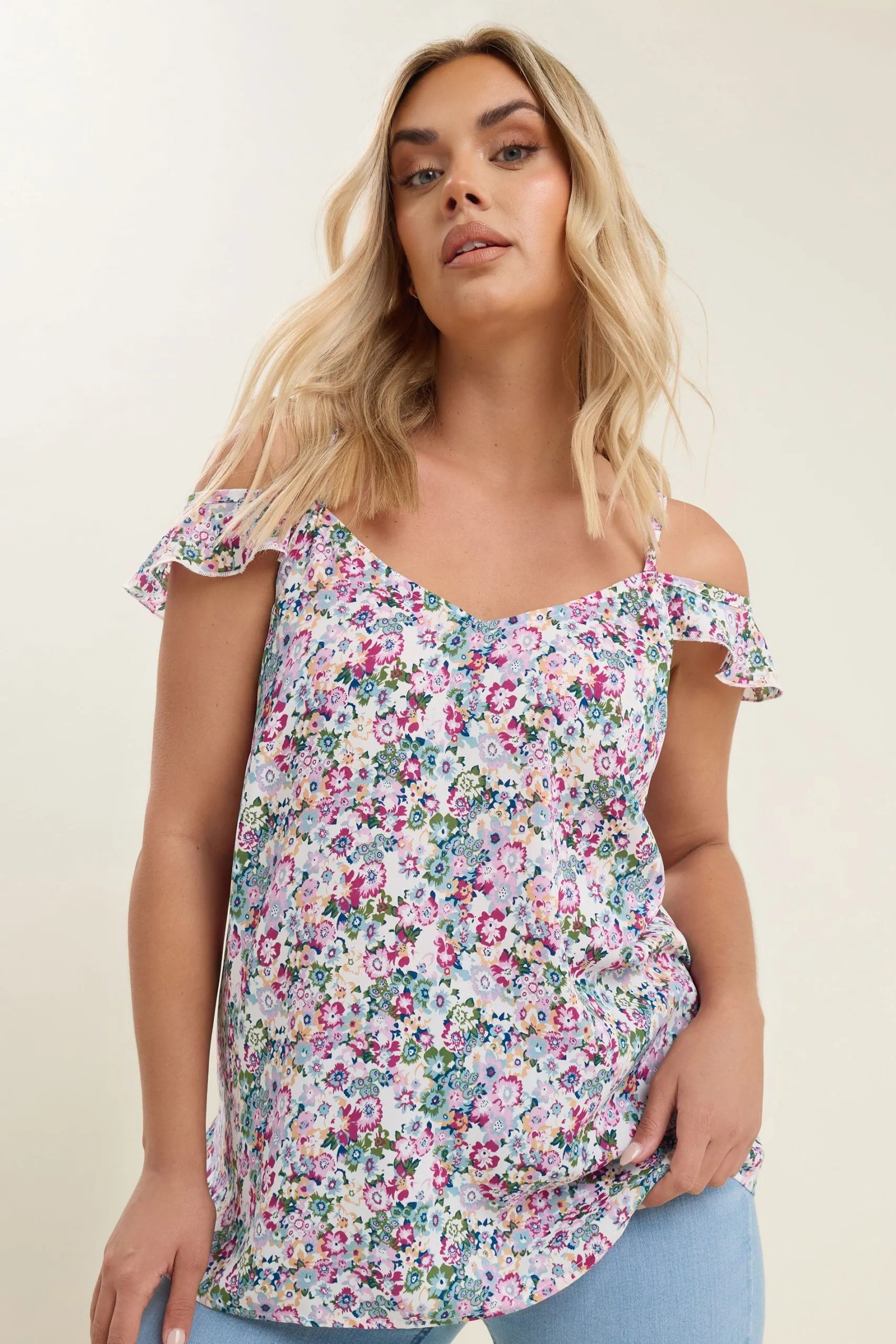Ditsy Floral Cold Shoulder Frill Top