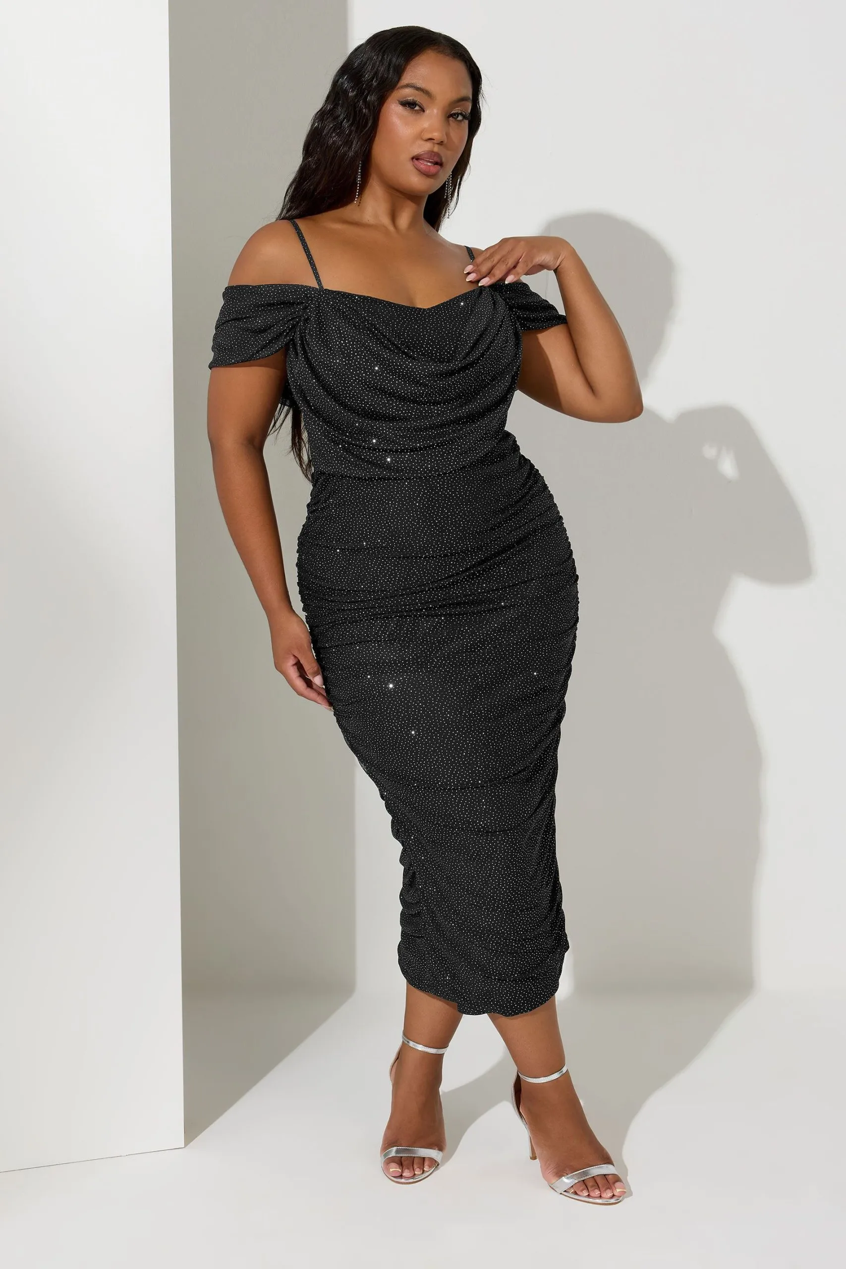 Cold Shoulder Glitter Mesh Dress