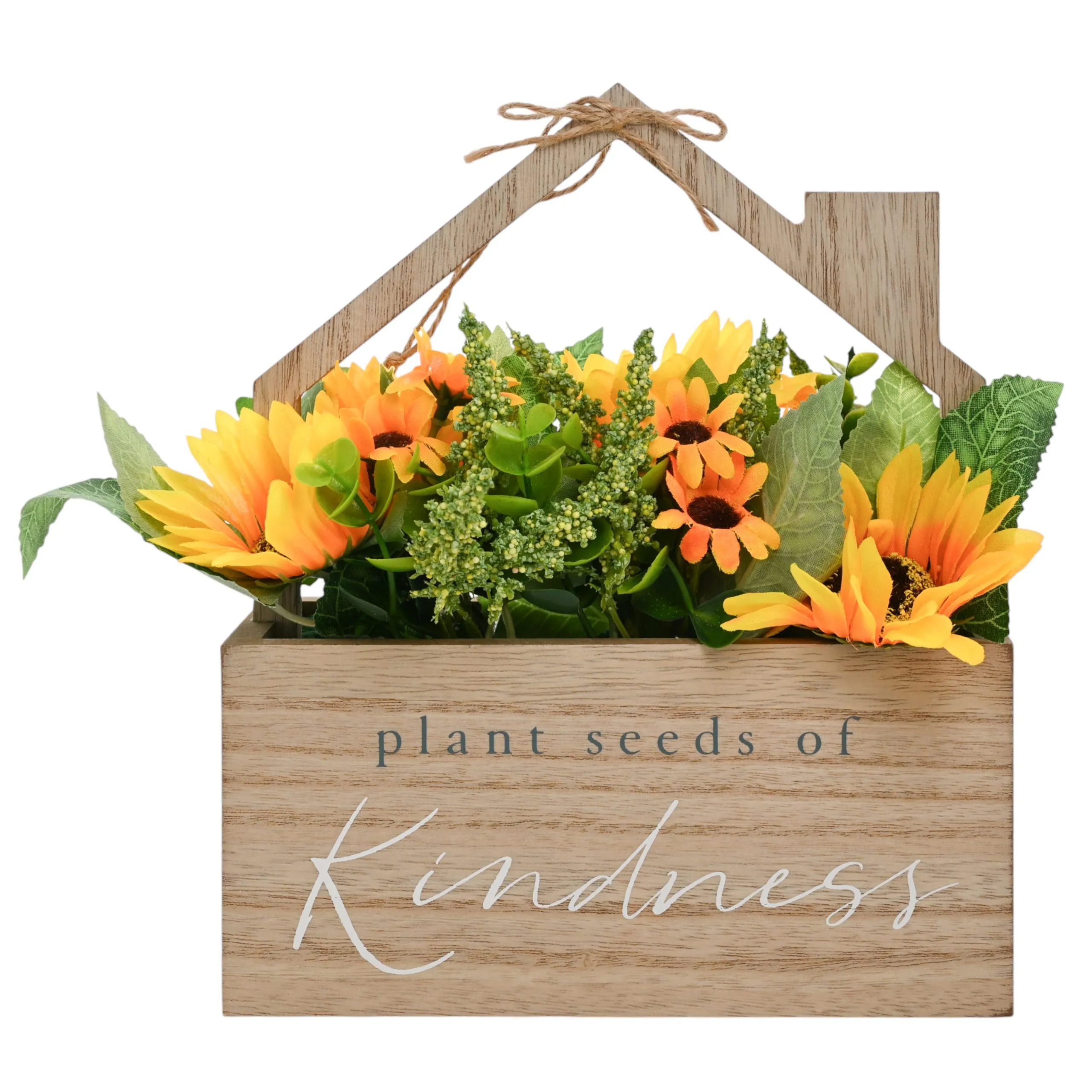 The Collection "Plant Seeds of Kindness" Wooden House Planter With Faux Flowers
