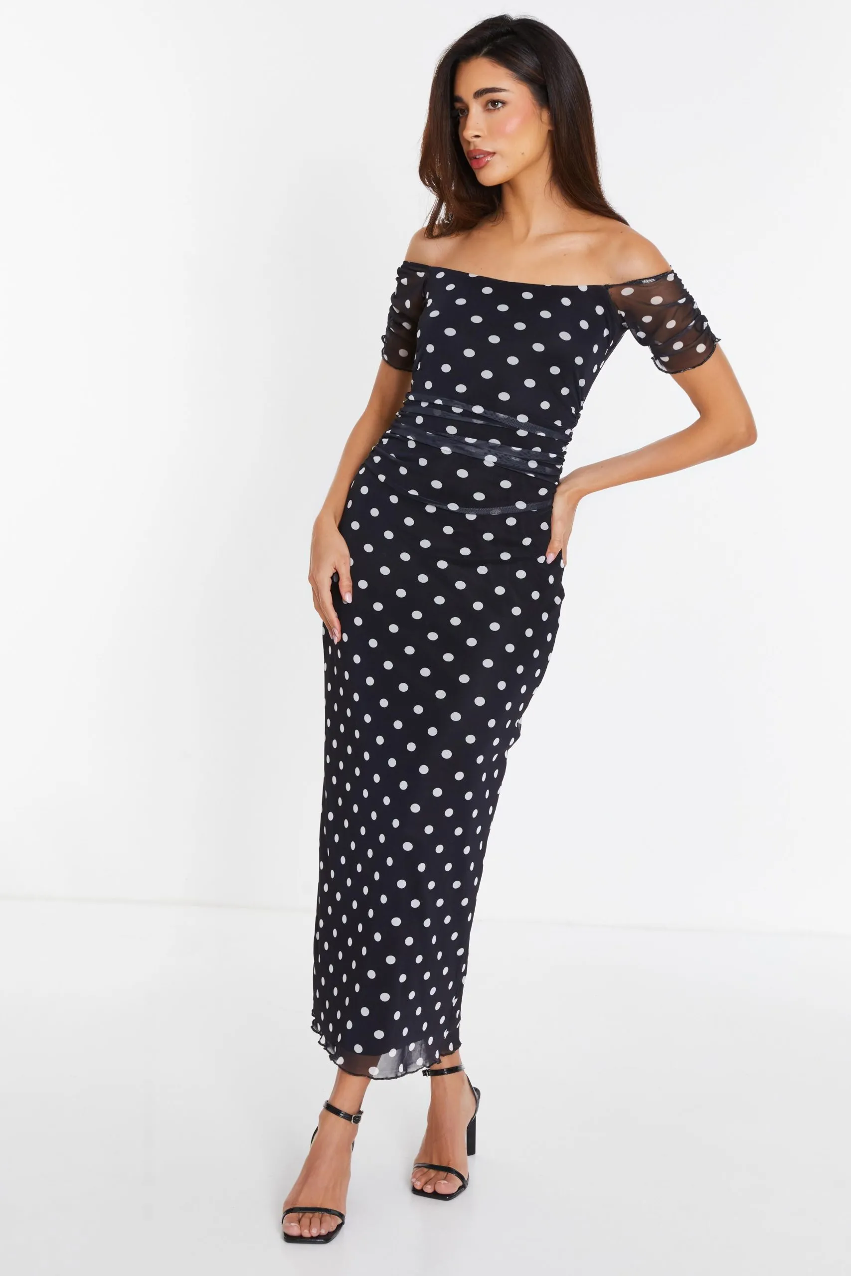 Mesh Polka Dot Bardot Midaxi Dress