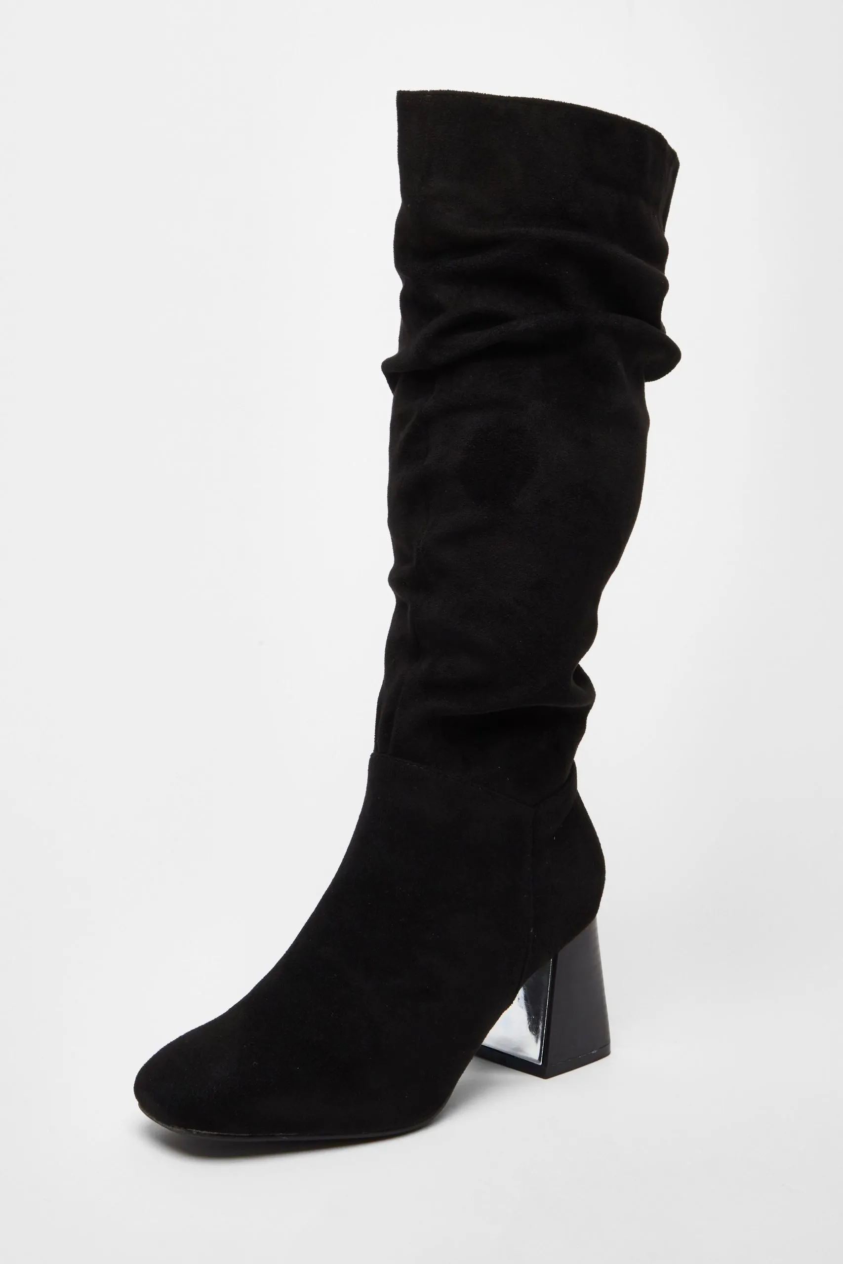 Black Wide Fit Knee High Faux Suede Block Heel Boots