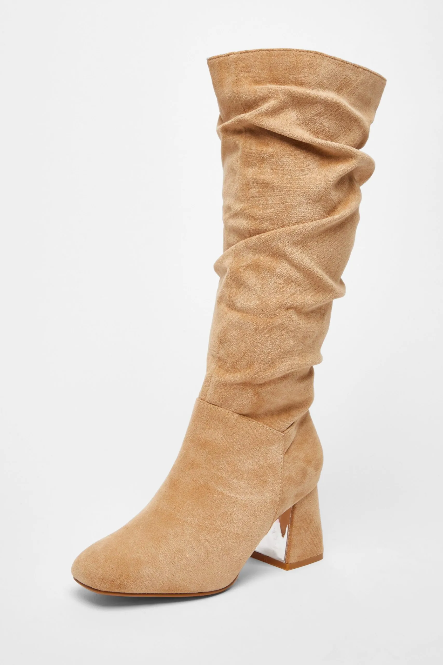 Taupe Wide Fit Knee High Faux Suede Block Heel Boots