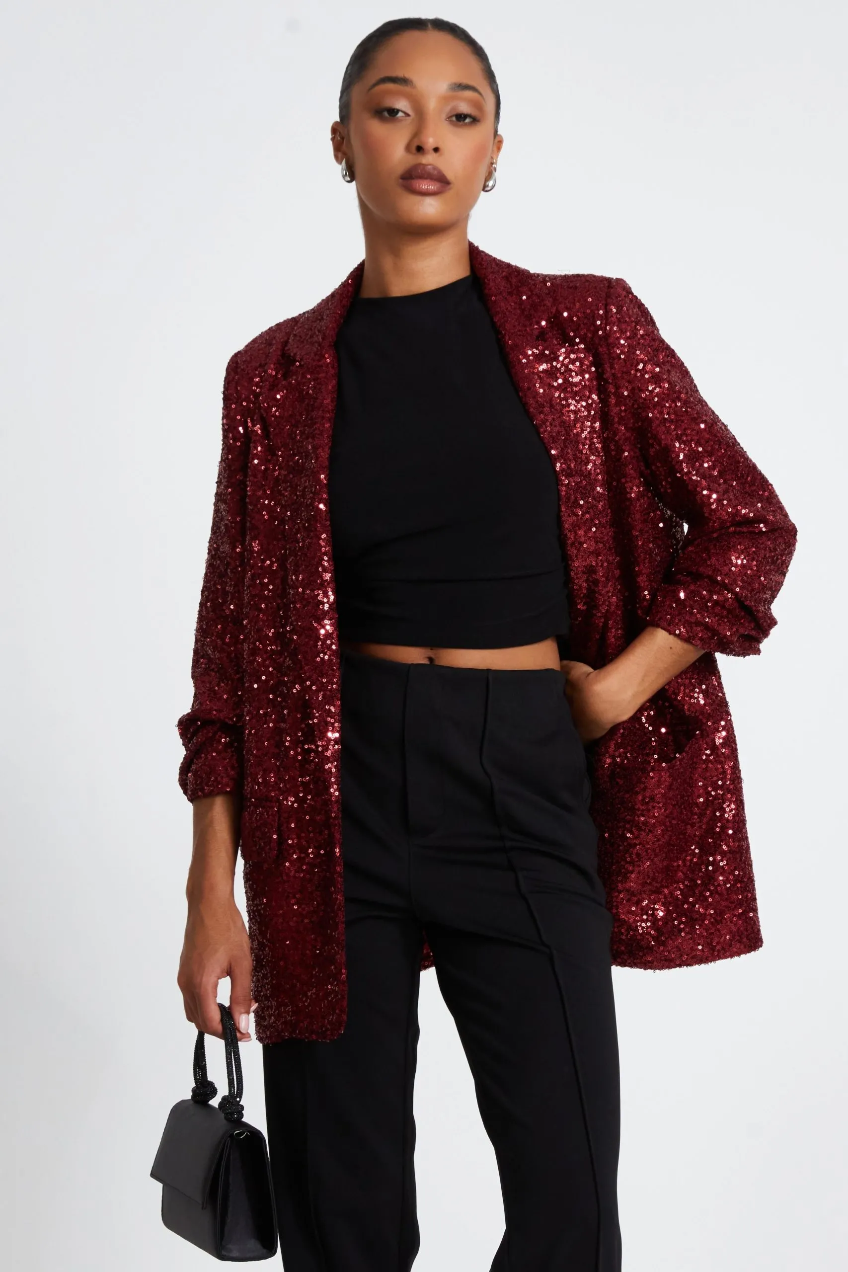 Wine Sequin Ruched Blazer