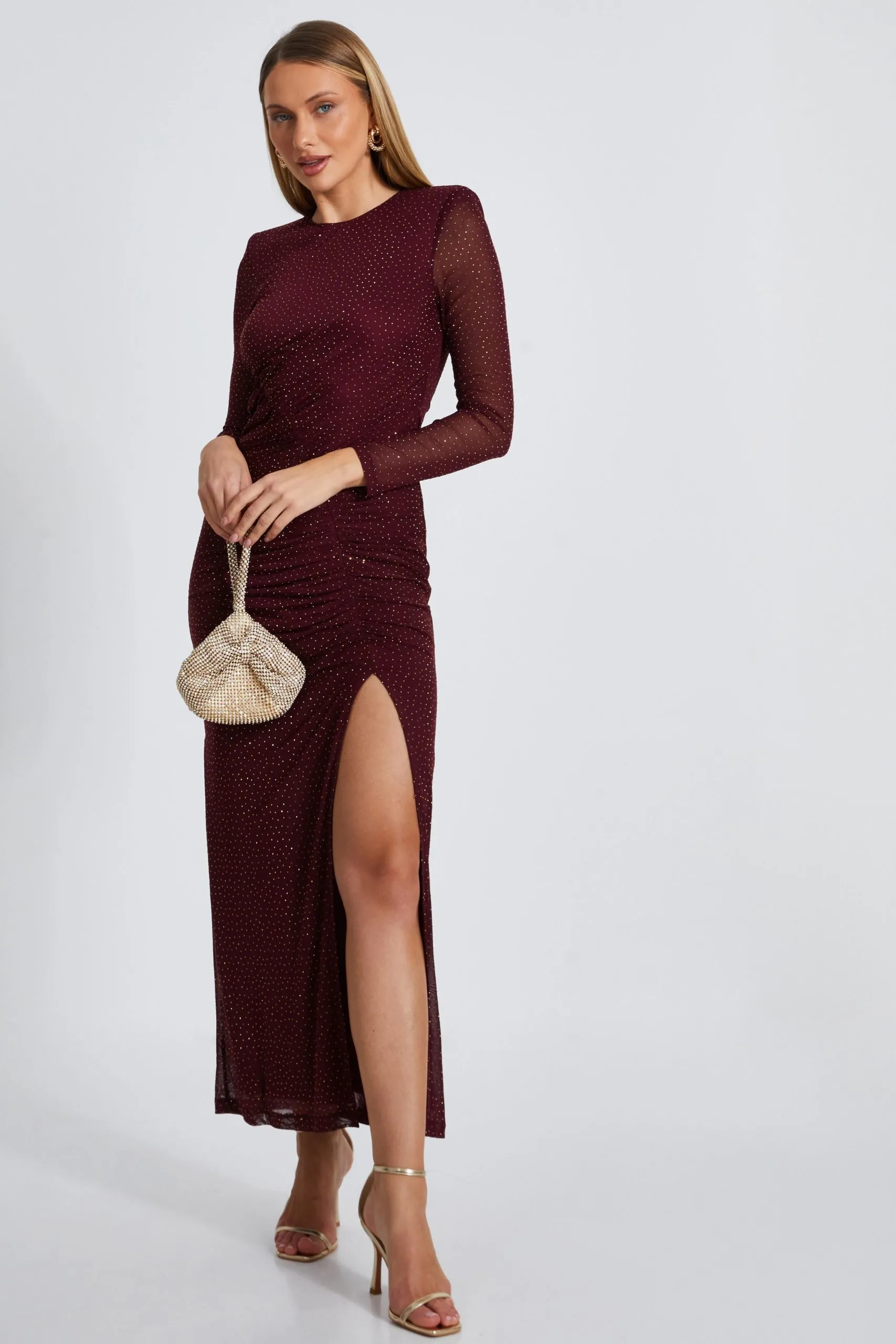 Wine Mesh Diamante Midaxi Dress