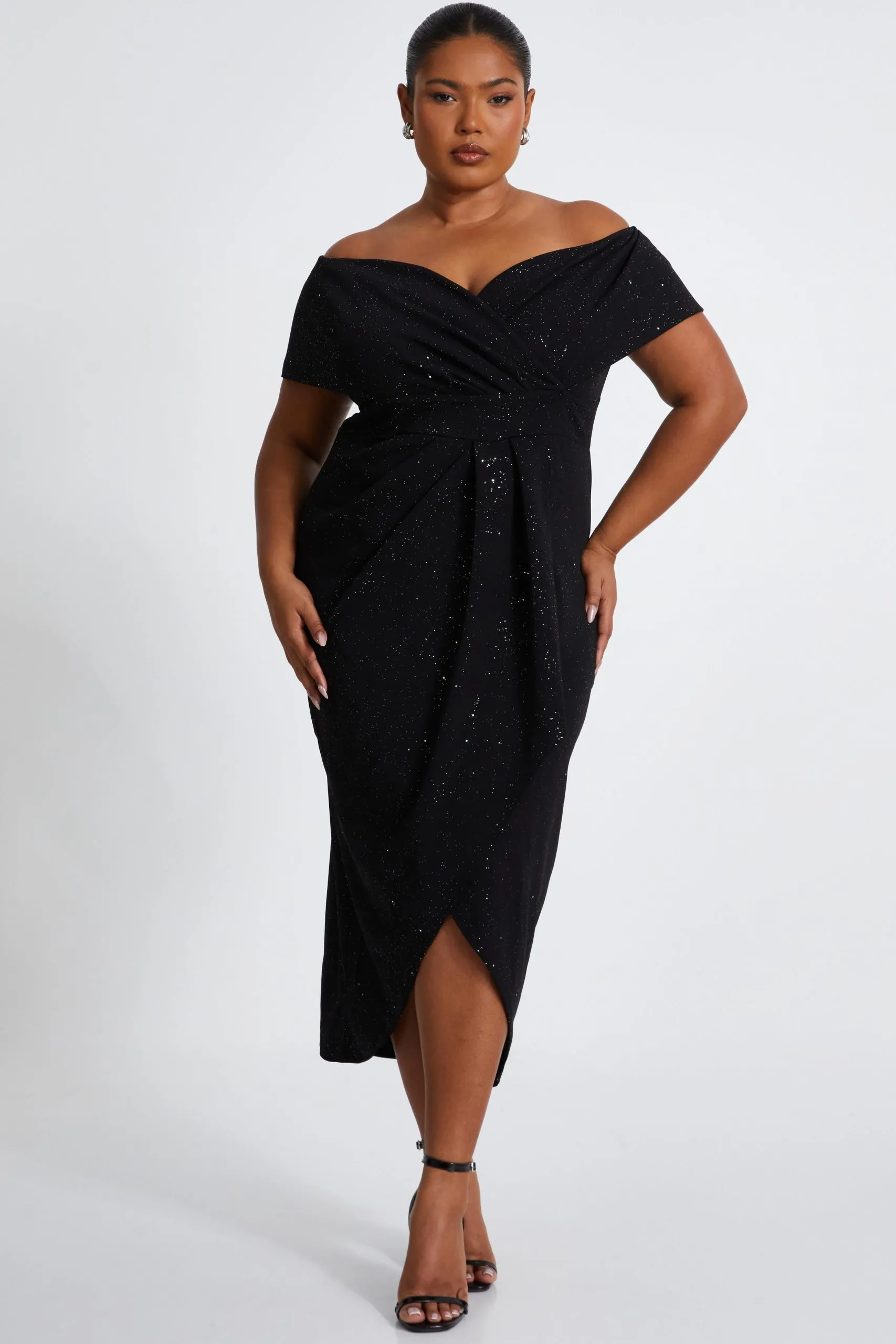 Black Curve Glitter Bardot Midi Dress