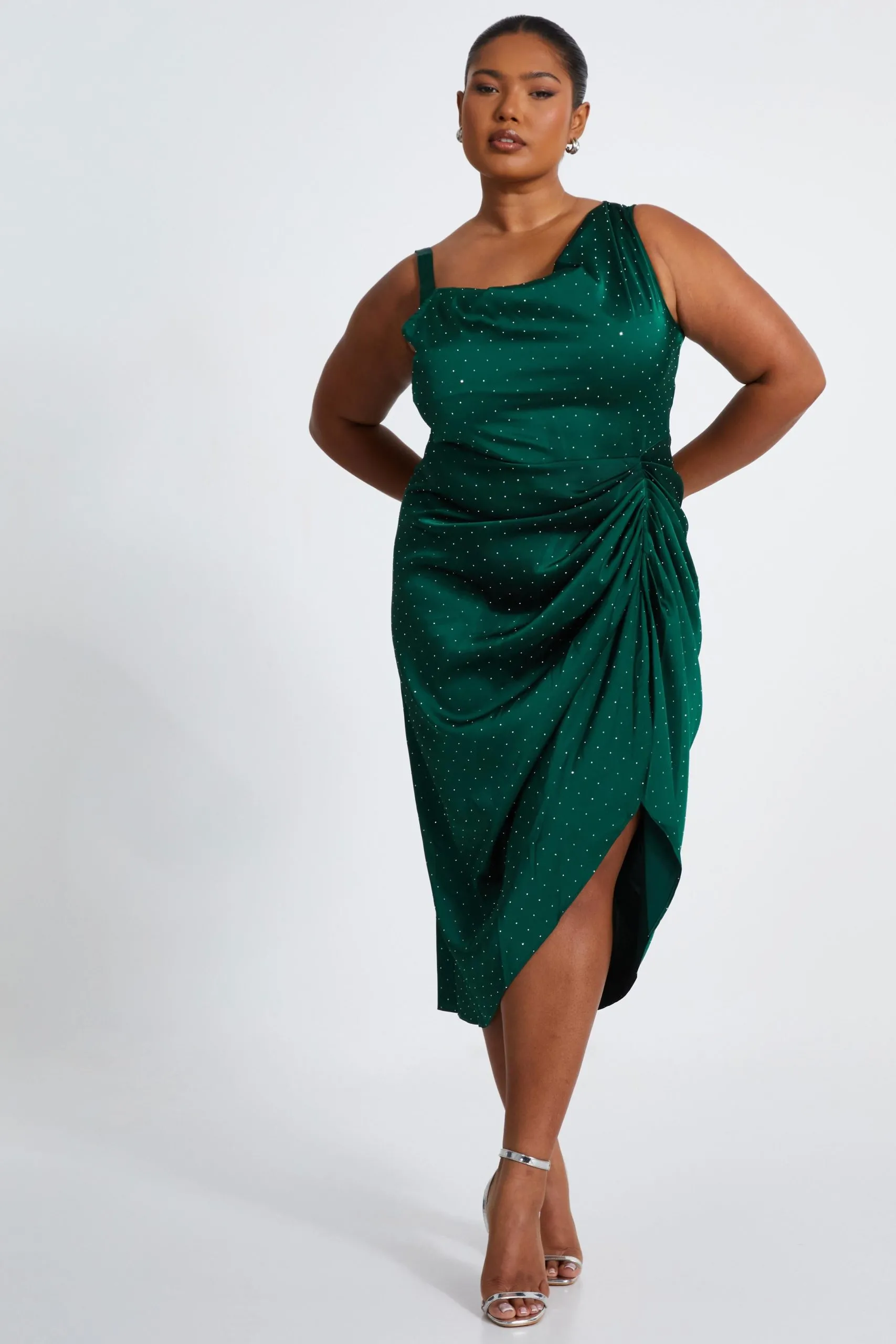 Green Curve Rhinestone Satin Midi Dress