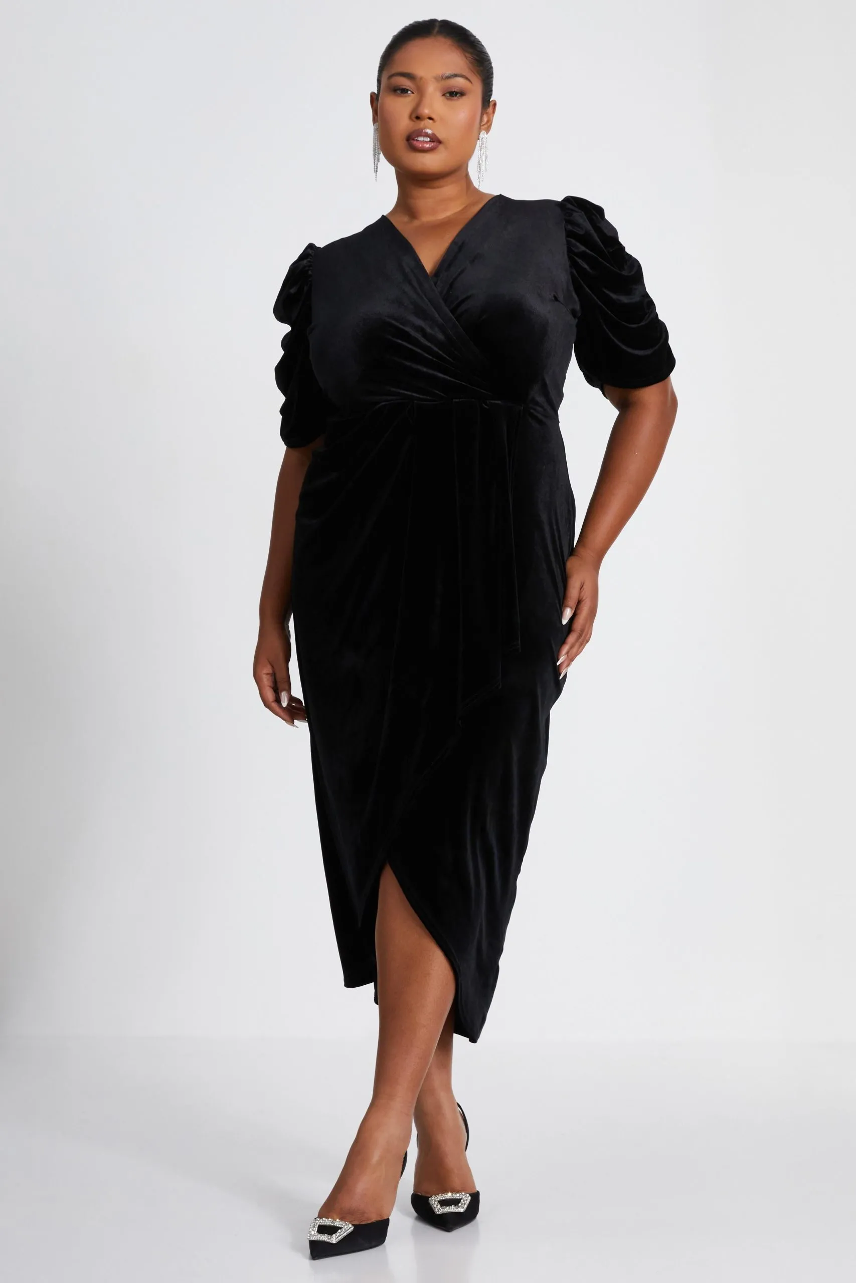 Black Curve Wrap Midi Dress