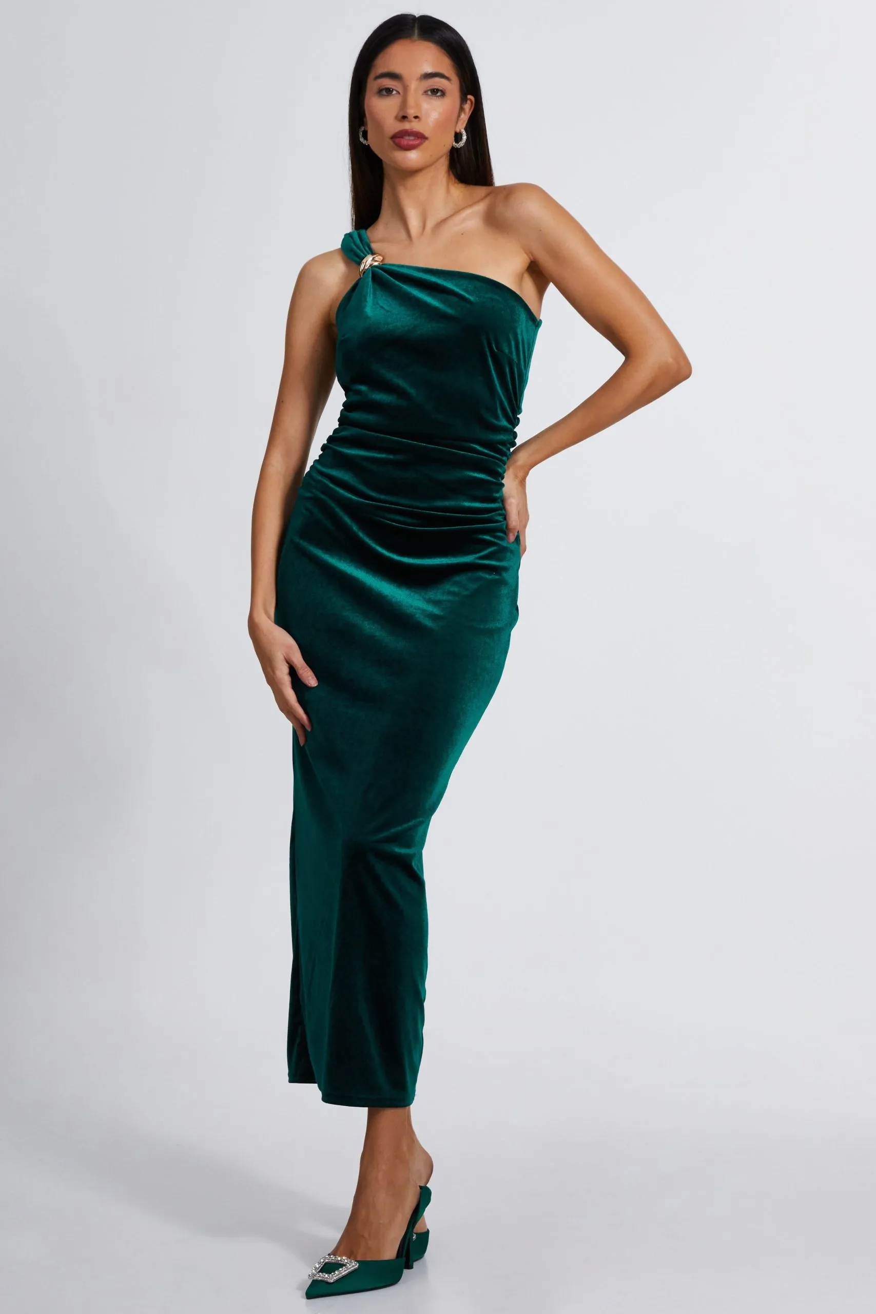 Green Velvet One Shoulder Midaxi Dress