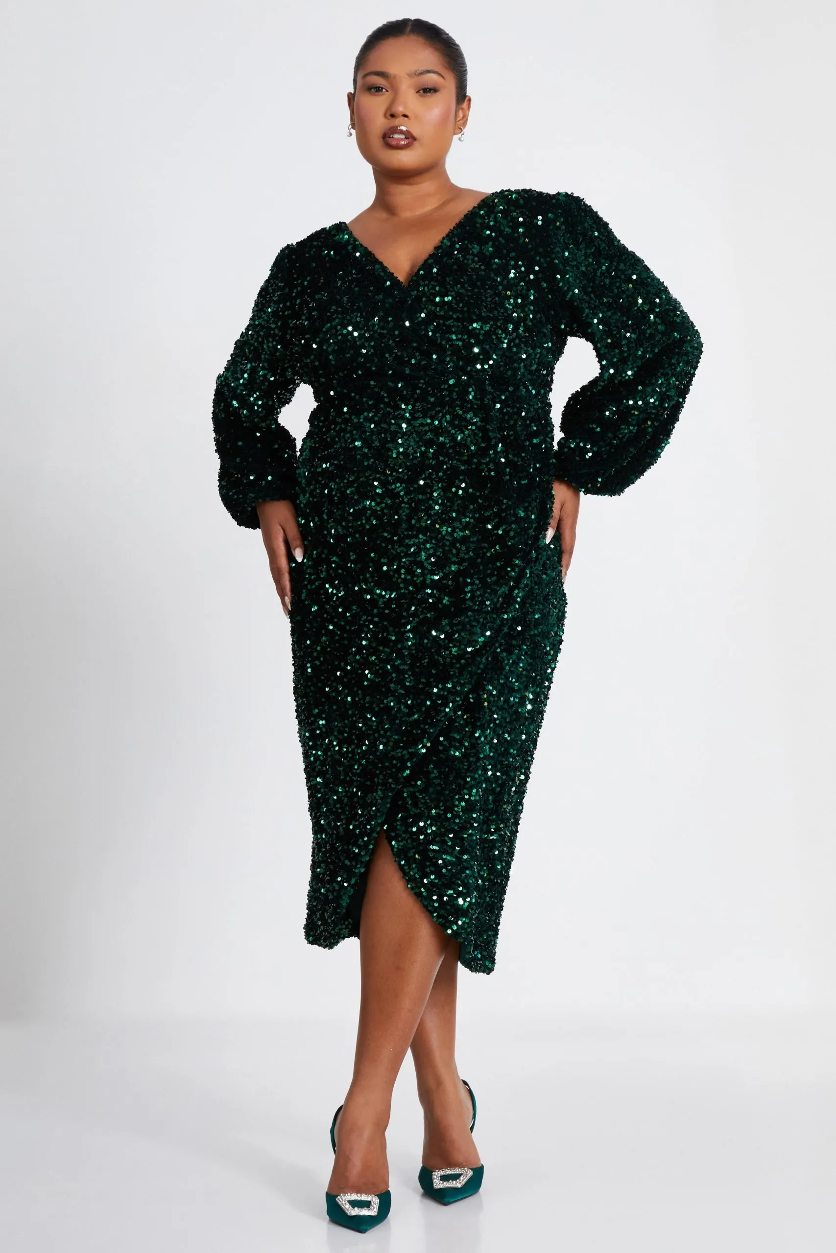 Green Curve Sequin Midi Dress