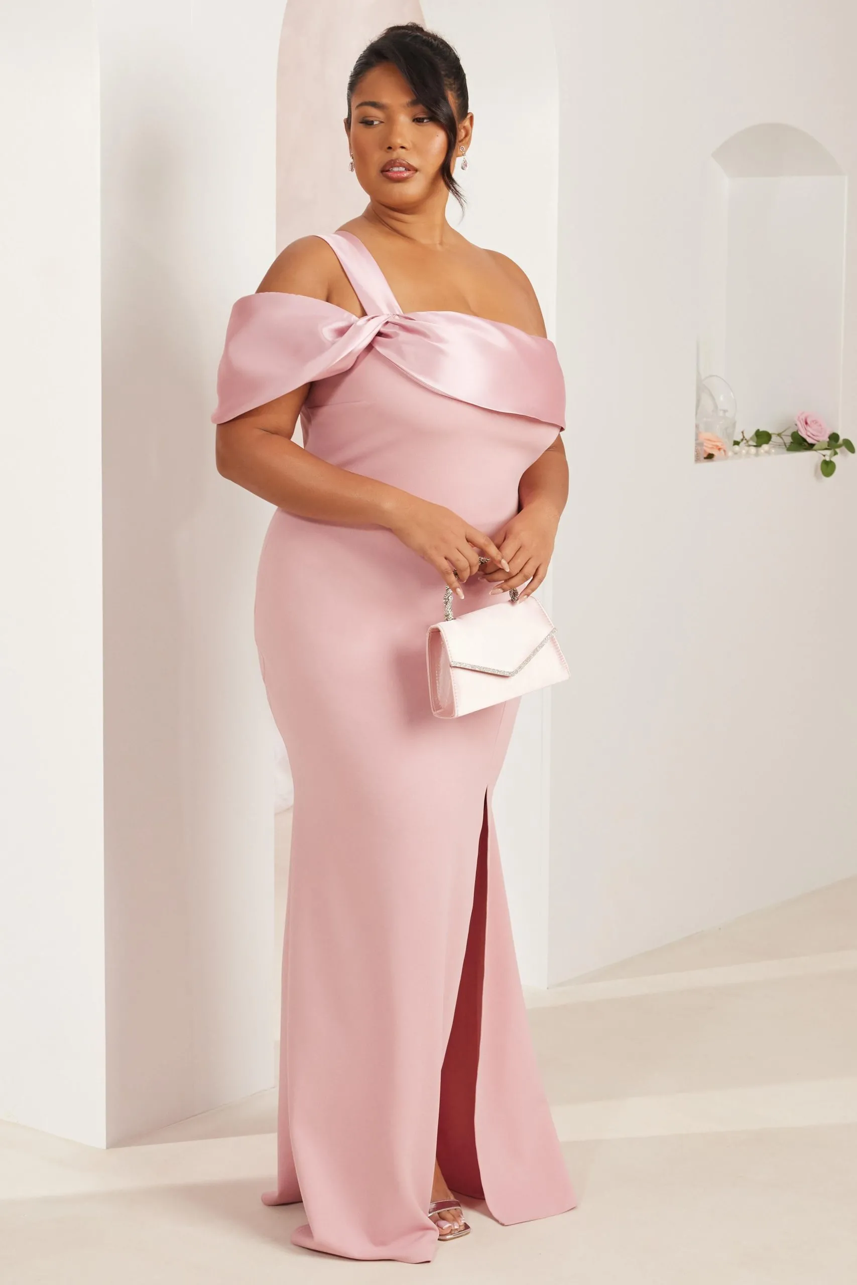 Pale Pink Curve One Shoulder Maxi Dress