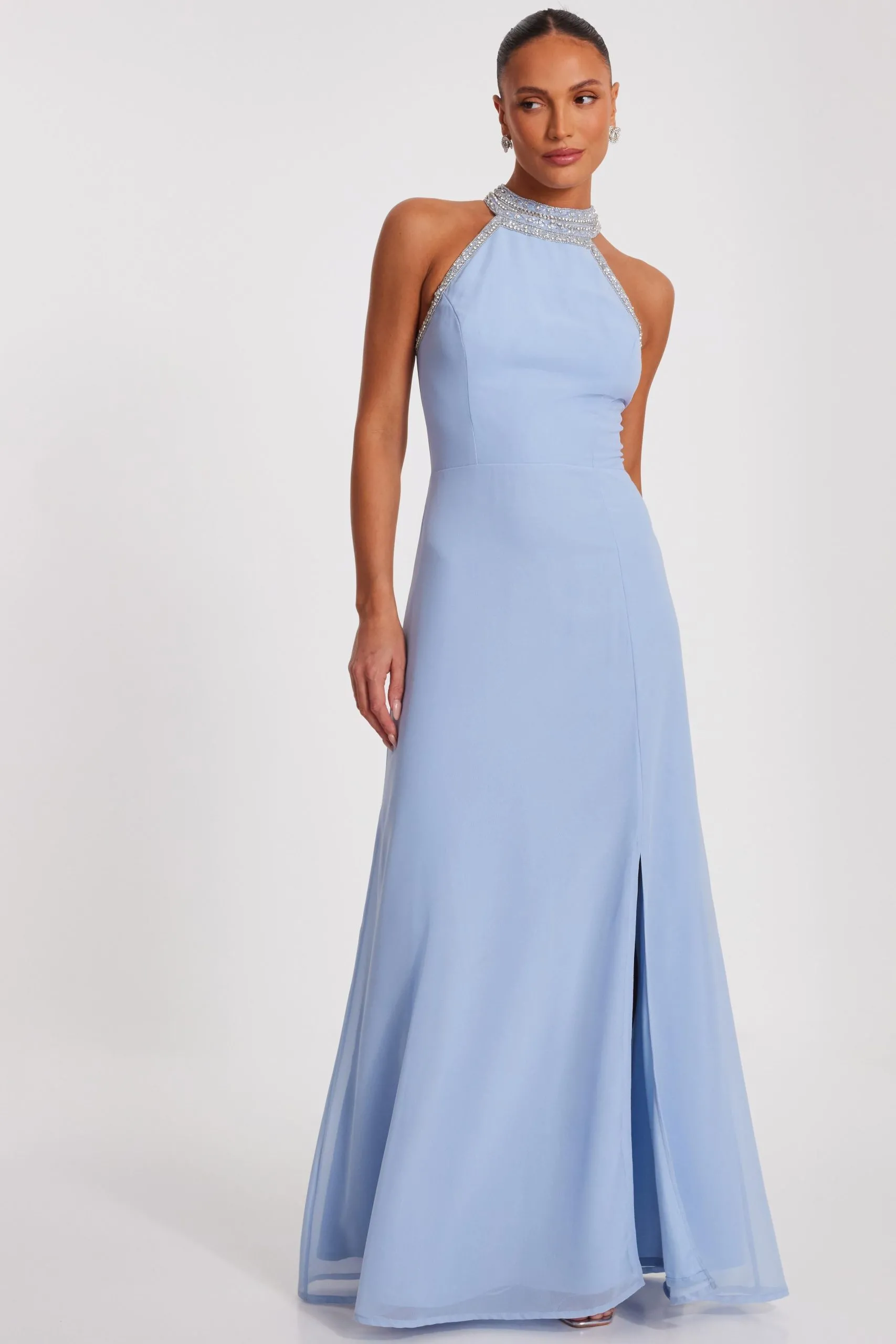 Light Blue Embellished Chiffon Maxi Dress