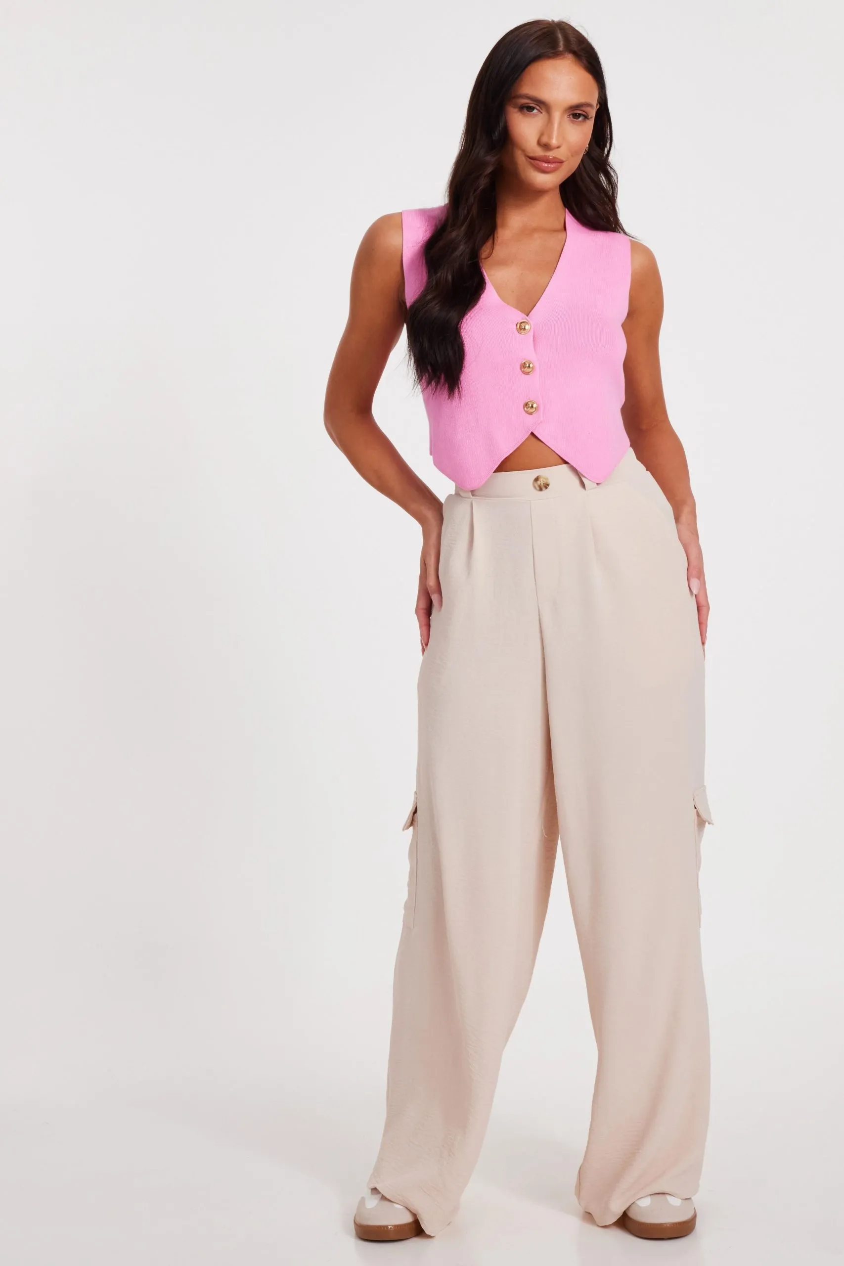 Pink Knitted Button Front Waistcoat