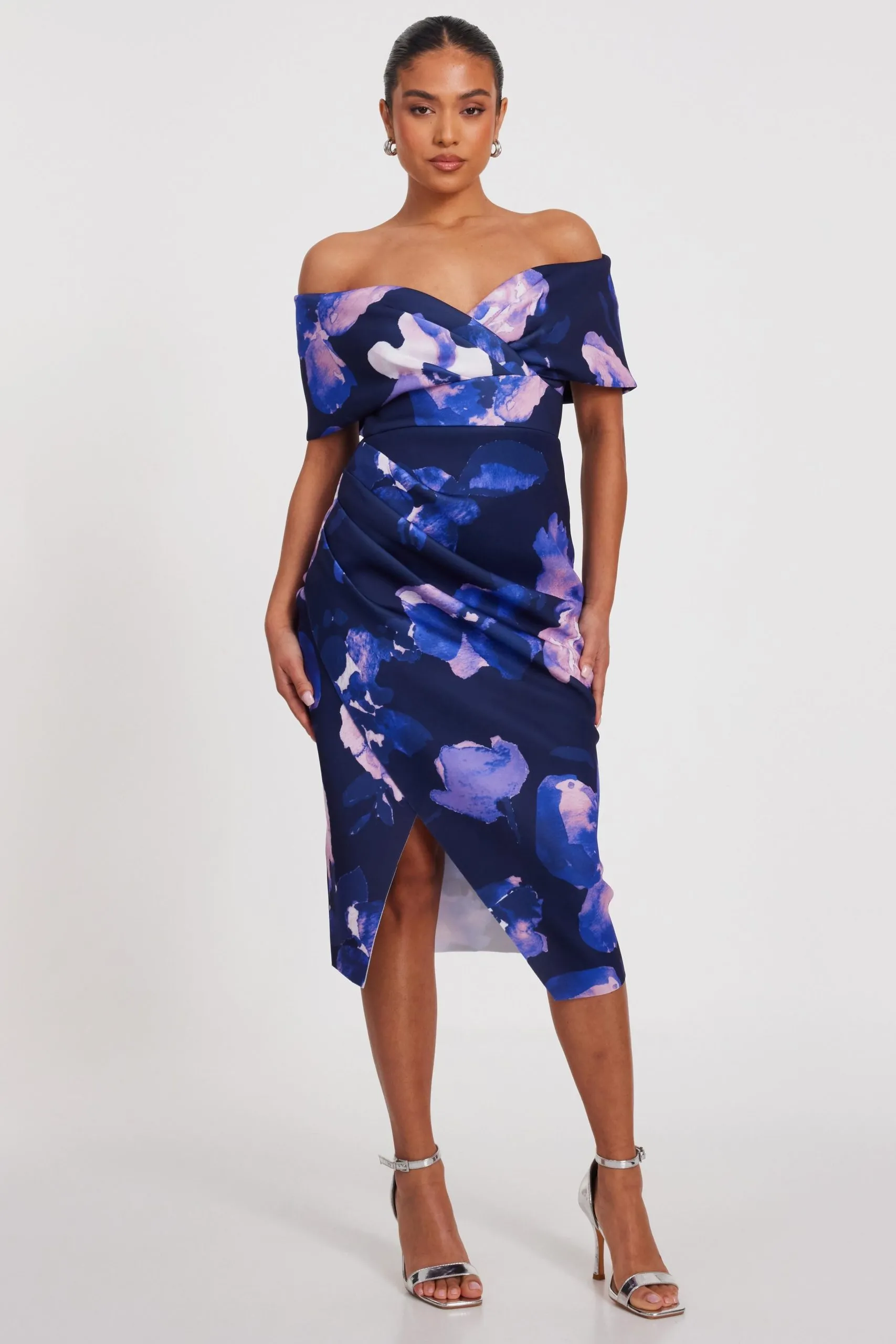 Navy Petite Floral Bardot Midi Dress