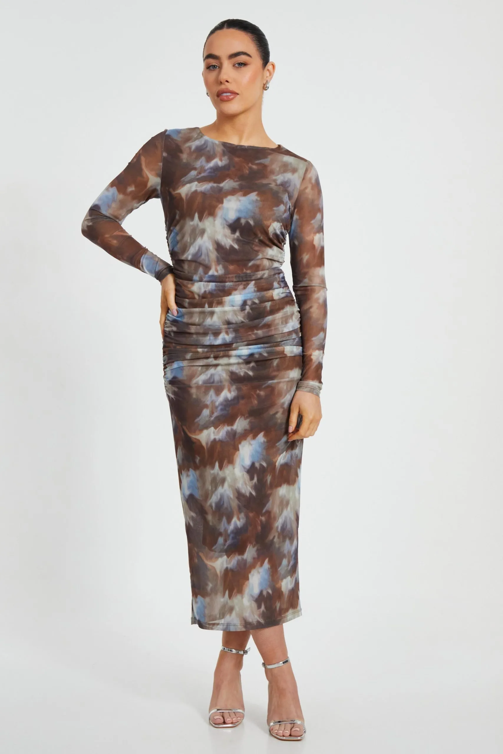 Brown Petite Mesh Midaxi Dress