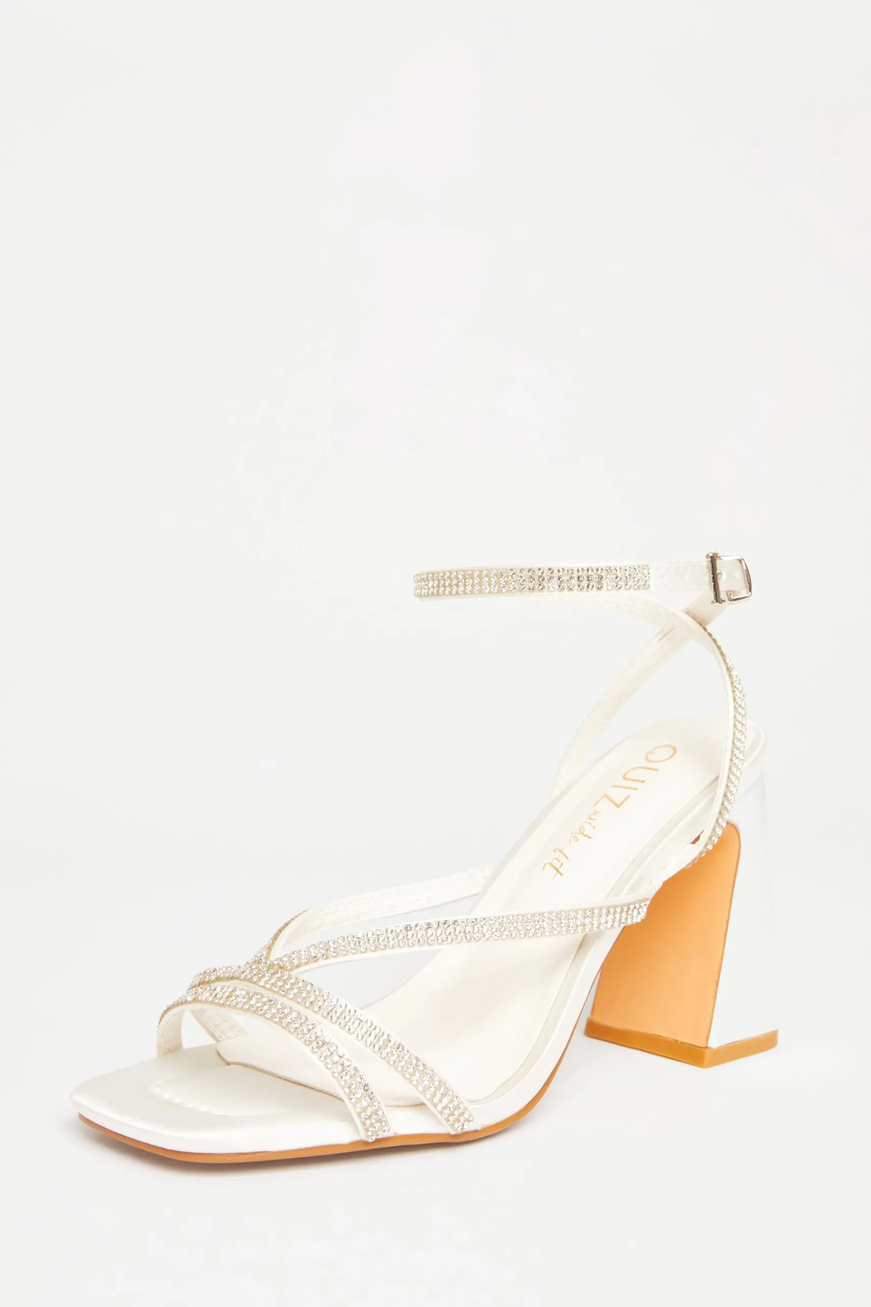 White Bridal Wide Fit Diamante Block Heels