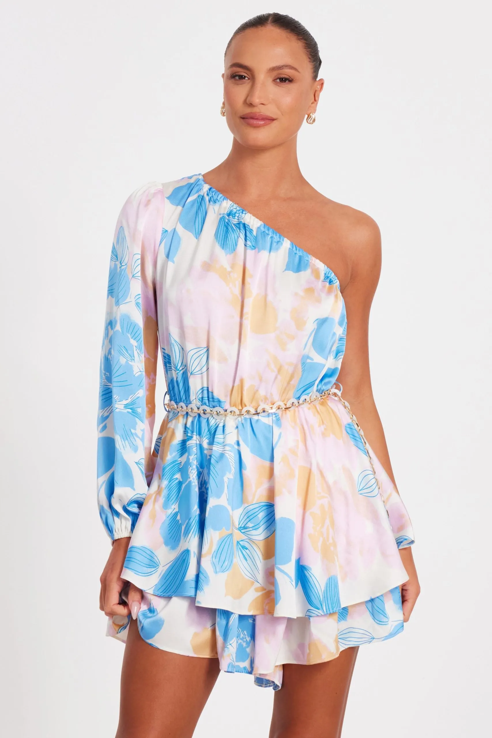 Blue One shoulder Floral Playsuit