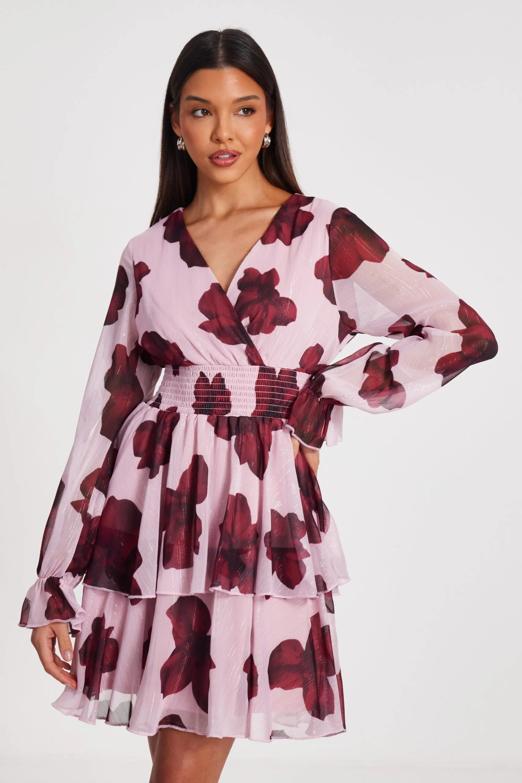 Pale Pink Floral Tiered Skater Dress