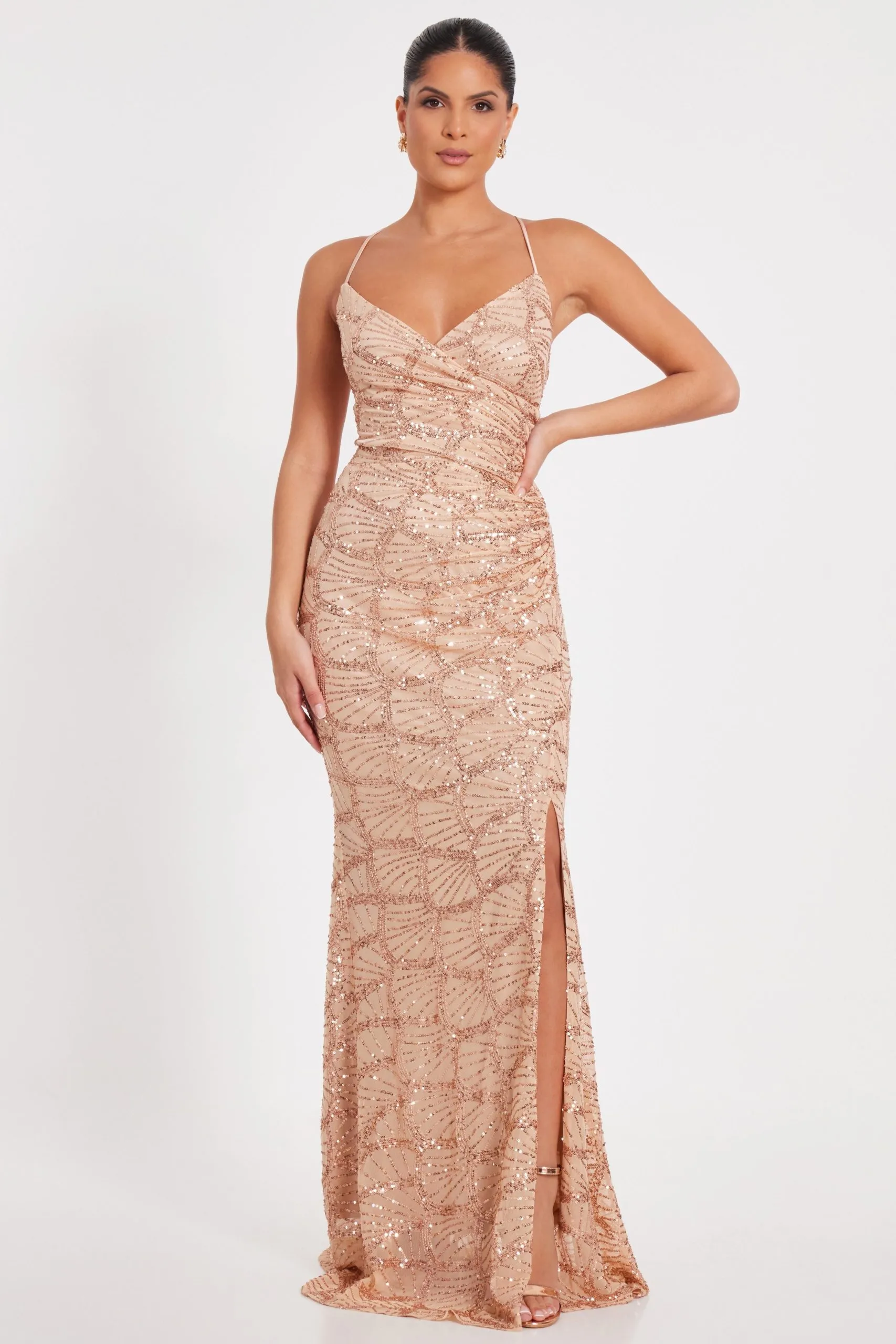 Rose Gold Sequin Fishtail Maxi Dress