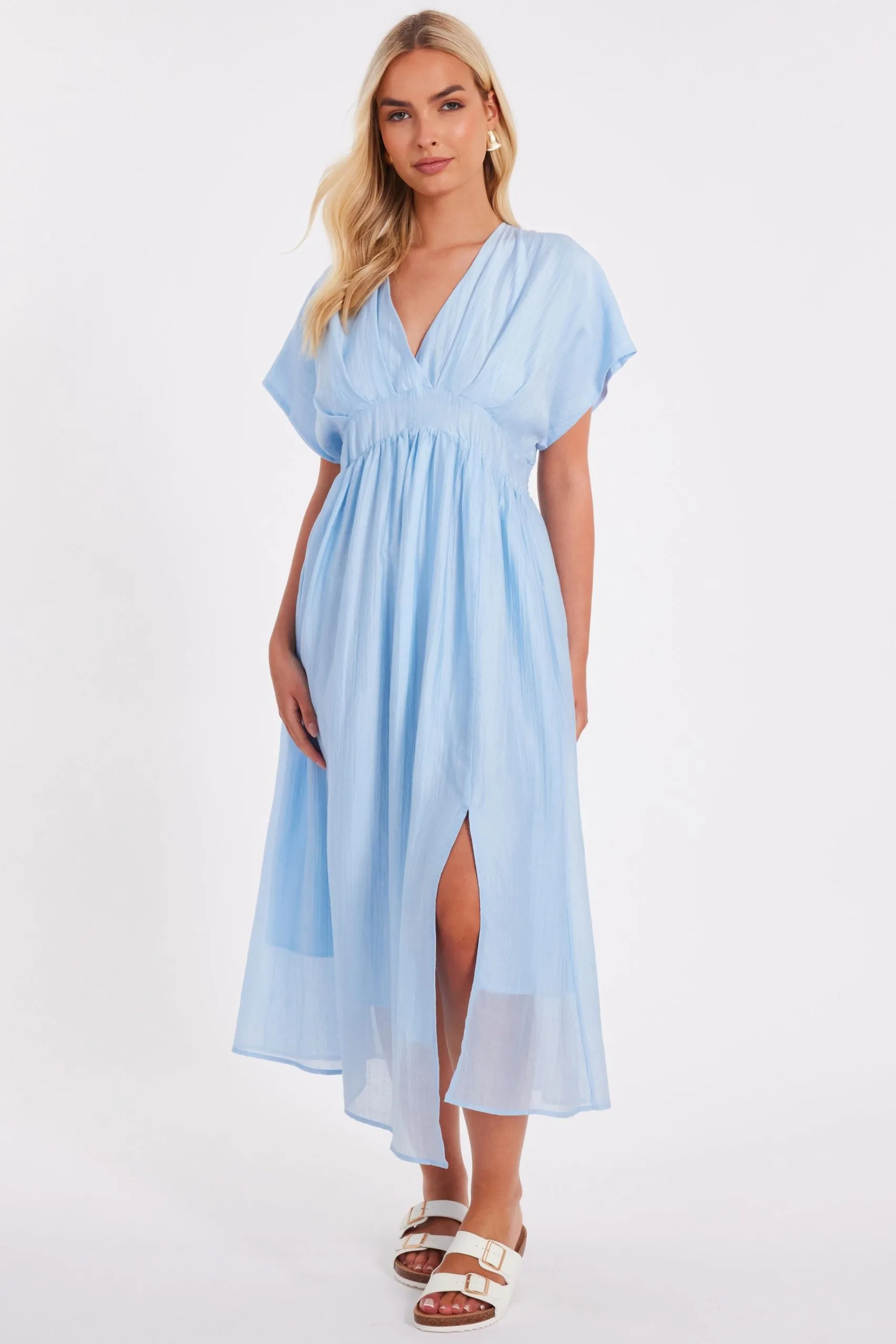 Blue V-Neck Midi Dress