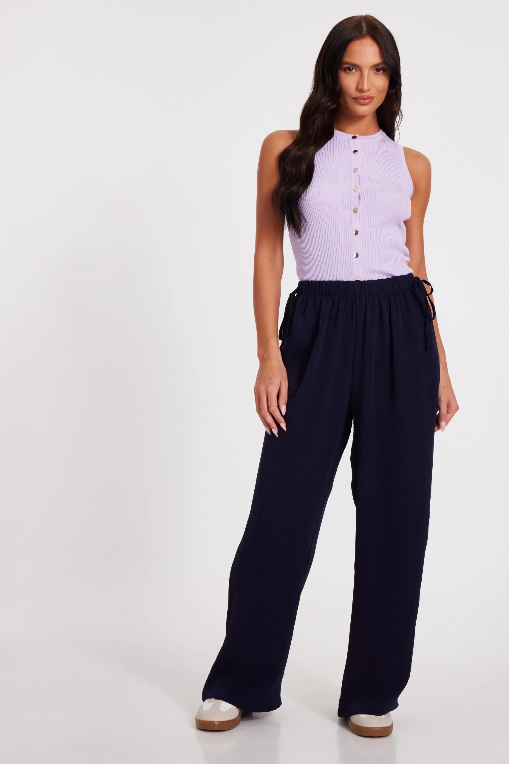 Navy Tie Waist Palazzo Trousers