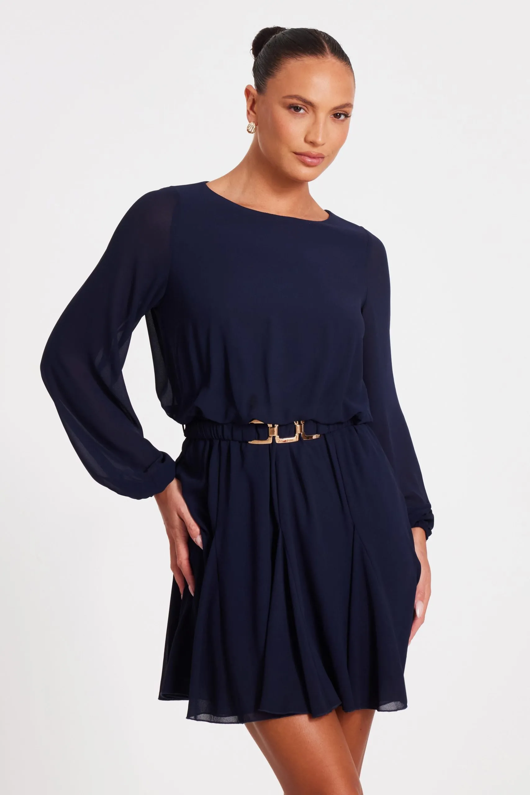Navy Chiffon Long Sleeve Skater Dress