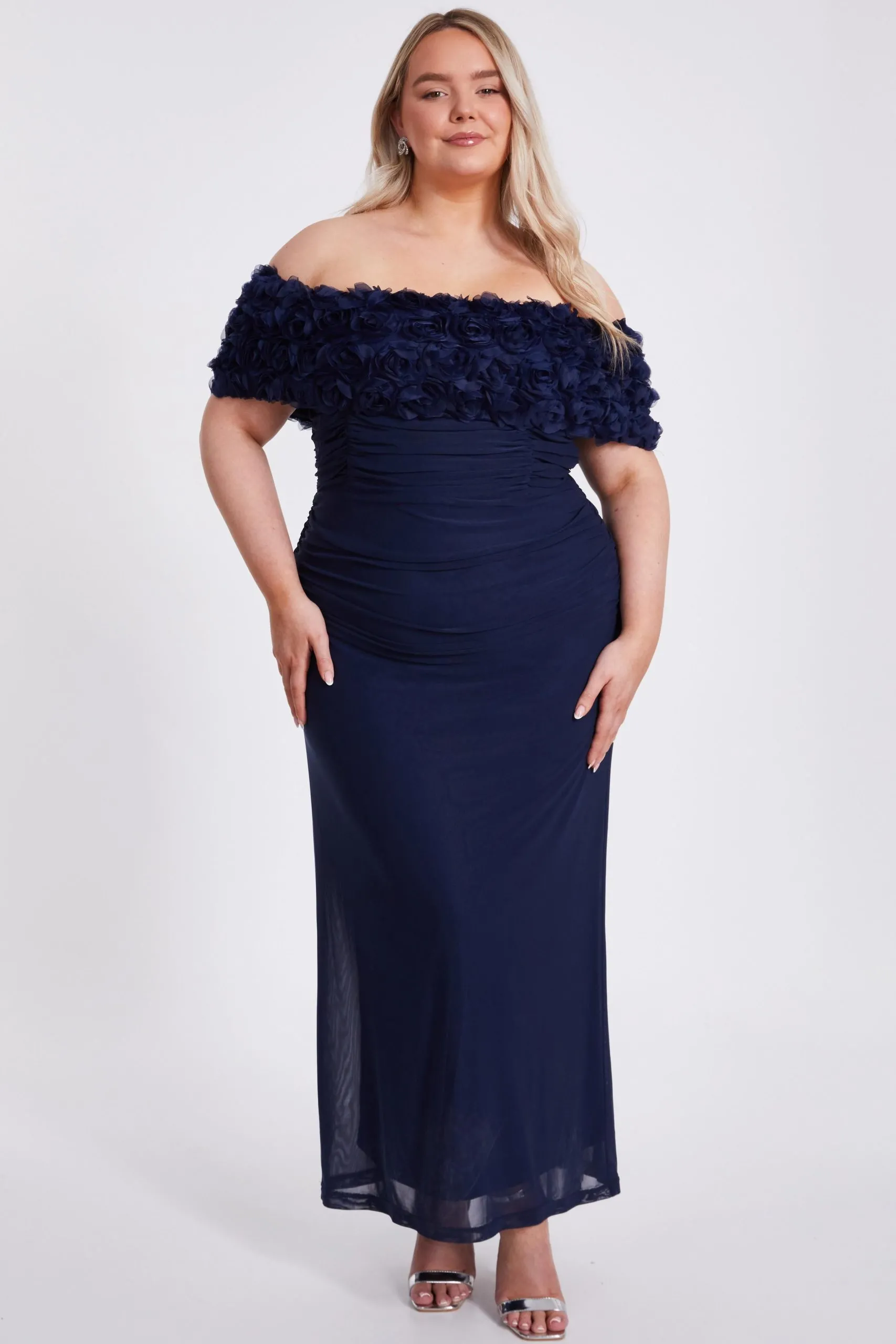 Navy Curve Mesh Bardot Midaxi Dress