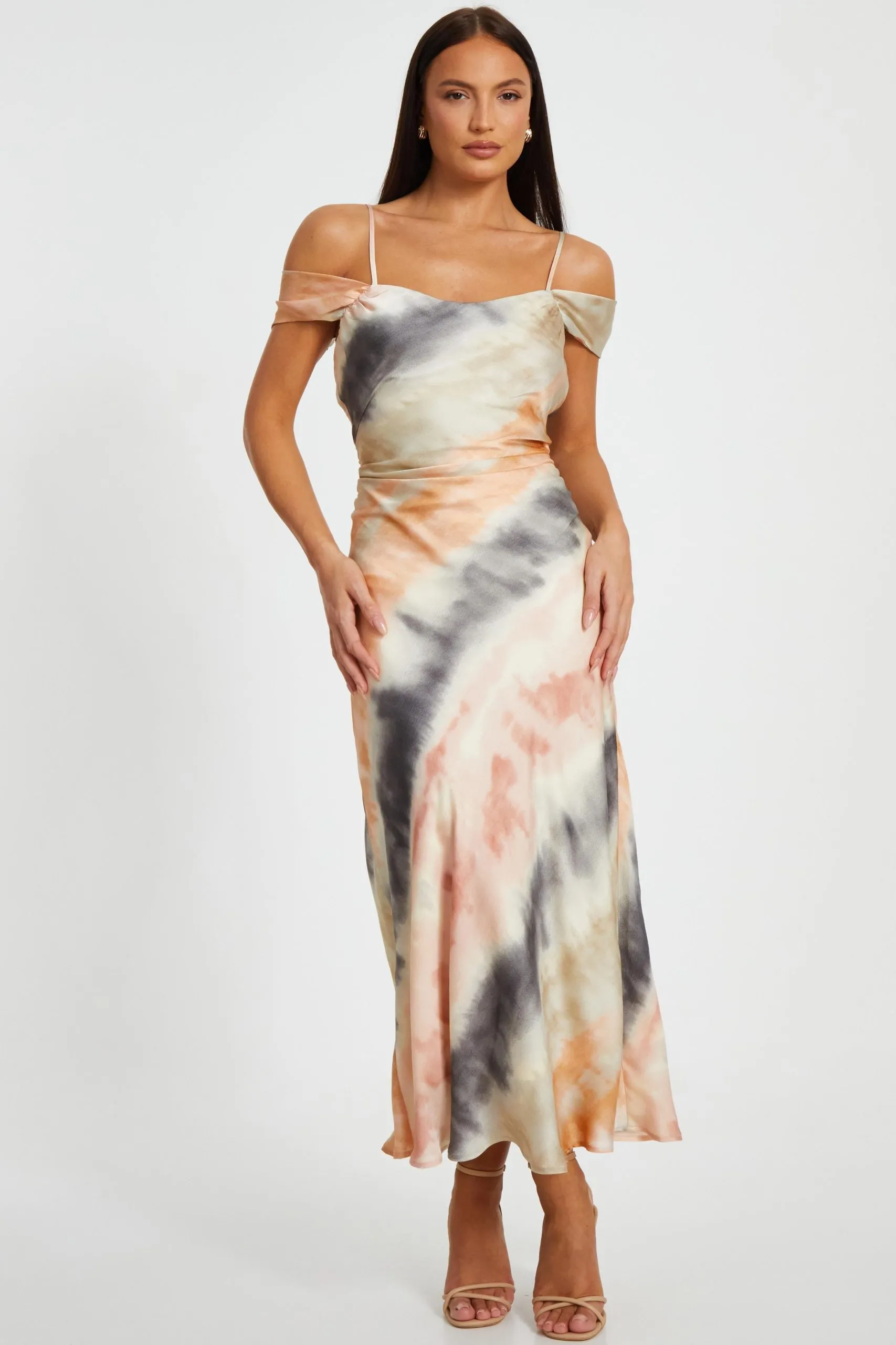 Multi Satin Marble Print Midaxi Dress