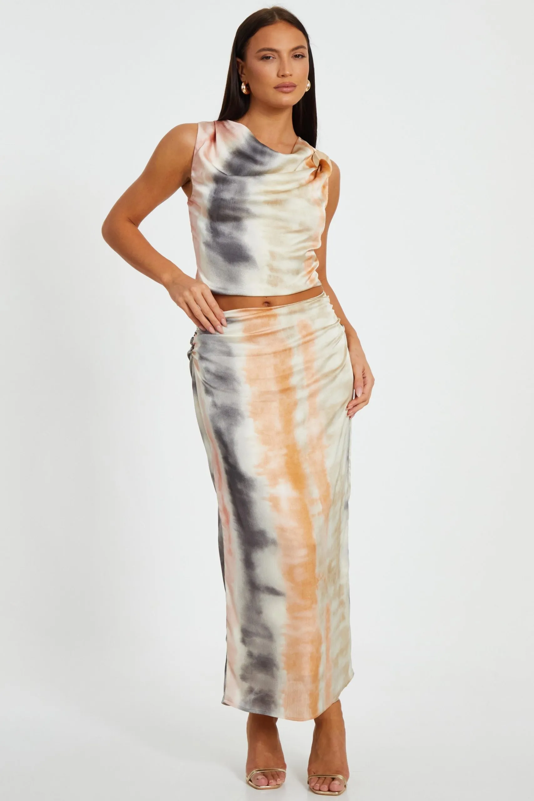 Multi Satin Marble Print Maxi Skirt