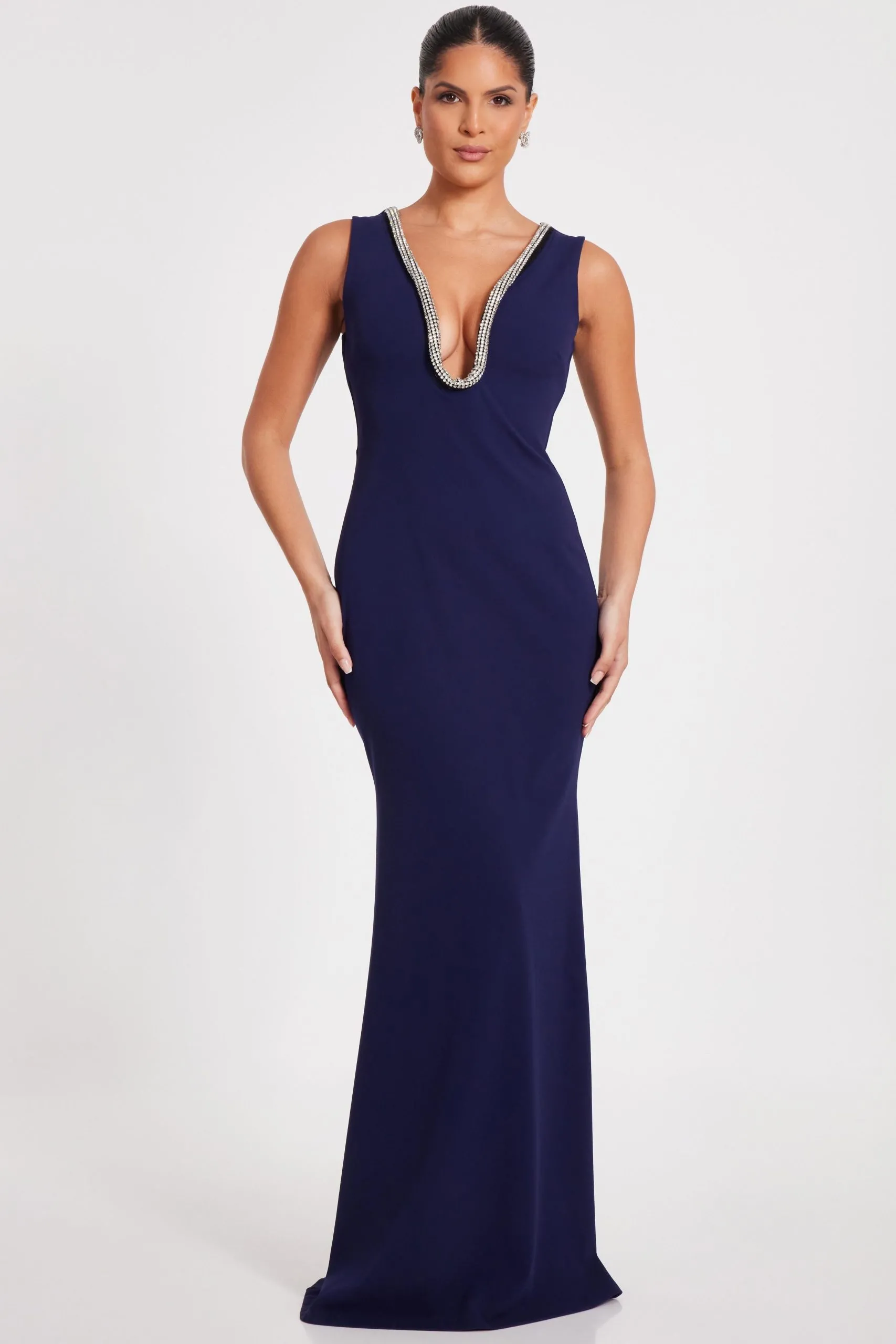 Navy Diamante Trim Maxi Dress