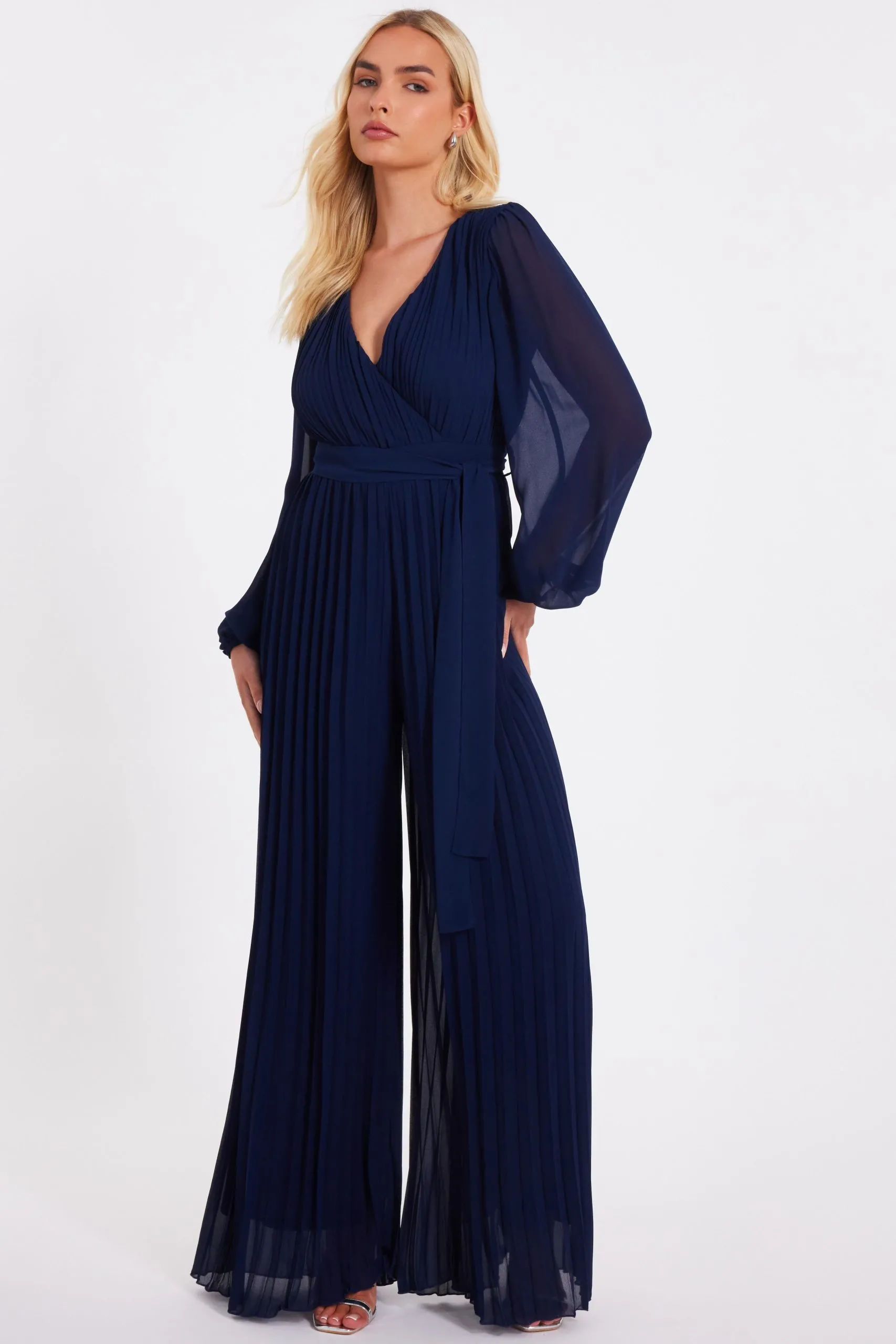 Navy Chiffon Pleated Jumpsuit