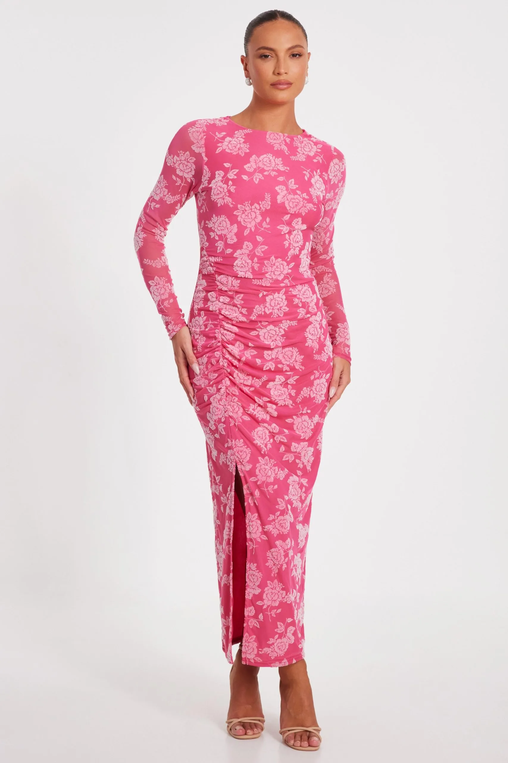Magenta Mesh Floral Midaxi Dress